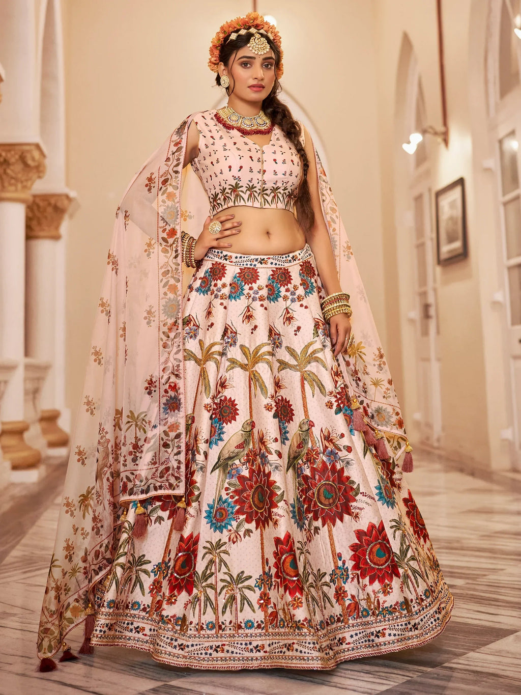 Lovely Off-White Printed Traditional Lehenga Choli With Organza Dupatta