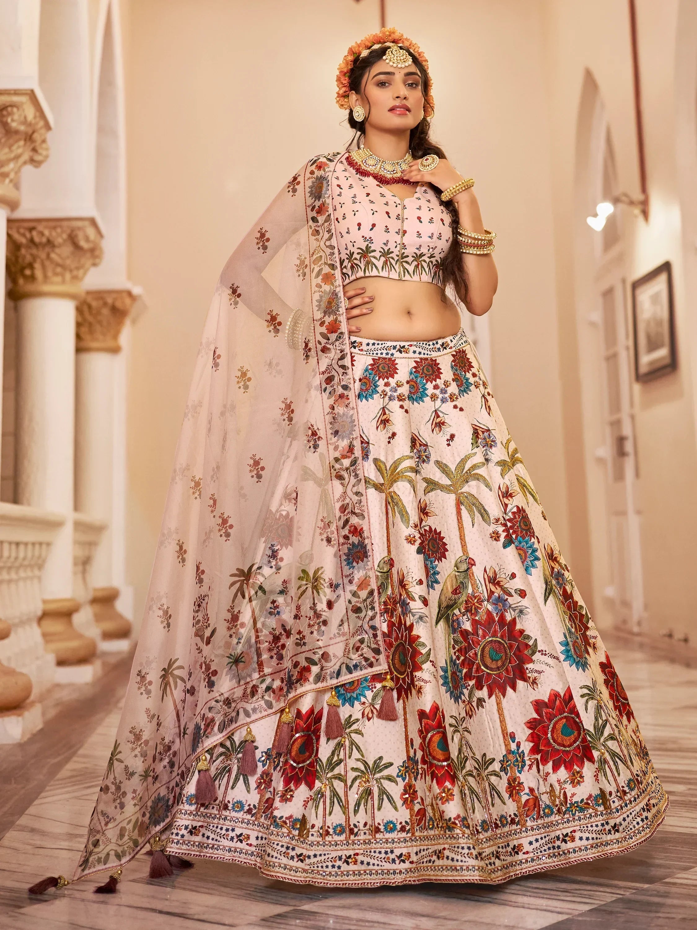 Lovely Off-White Printed Traditional Lehenga Choli With Organza Dupatta