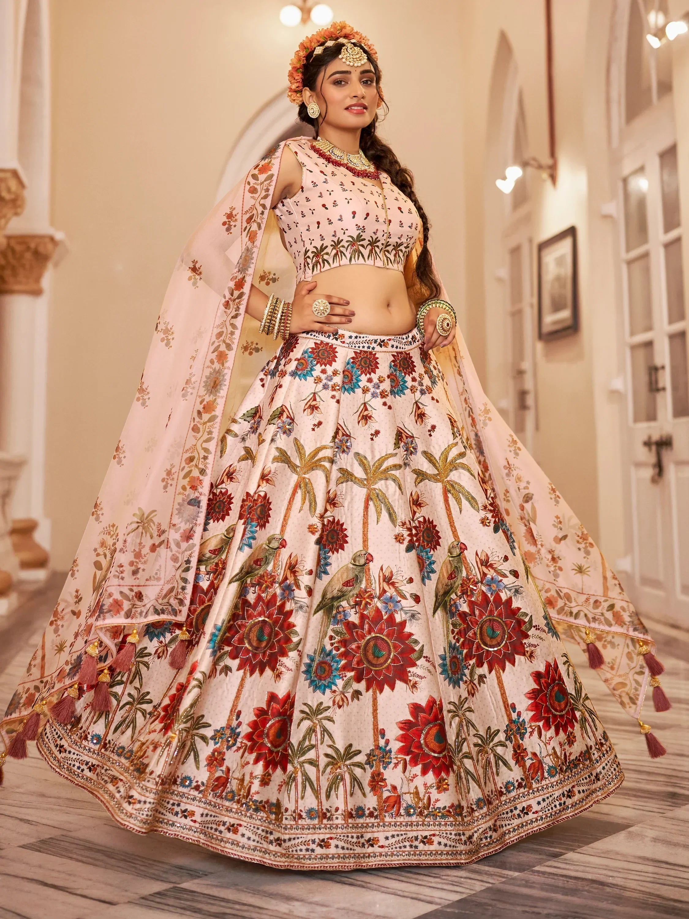 Lovely Off-White Printed Traditional Lehenga Choli With Organza Dupatta