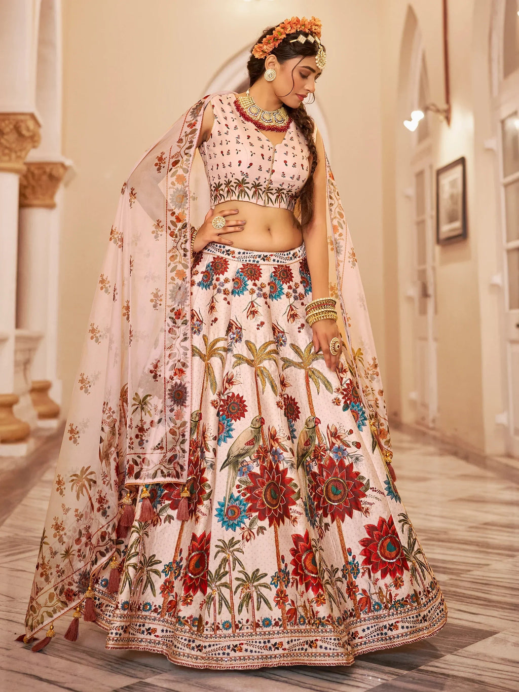 Lovely Off-White Printed Traditional Lehenga Choli With Organza Dupatta