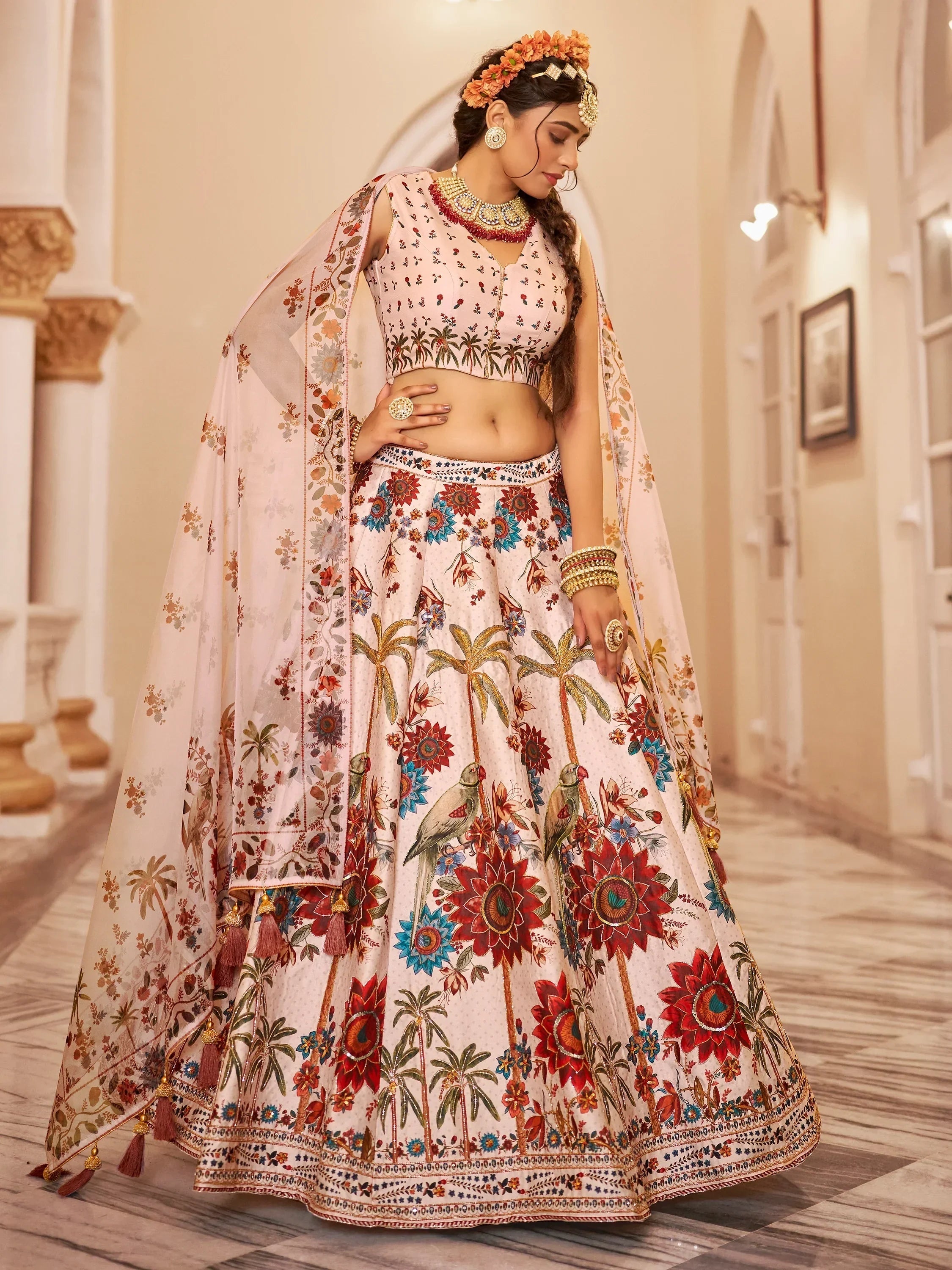 Lovely Off-White Printed Traditional Lehenga Choli With Organza Dupatta