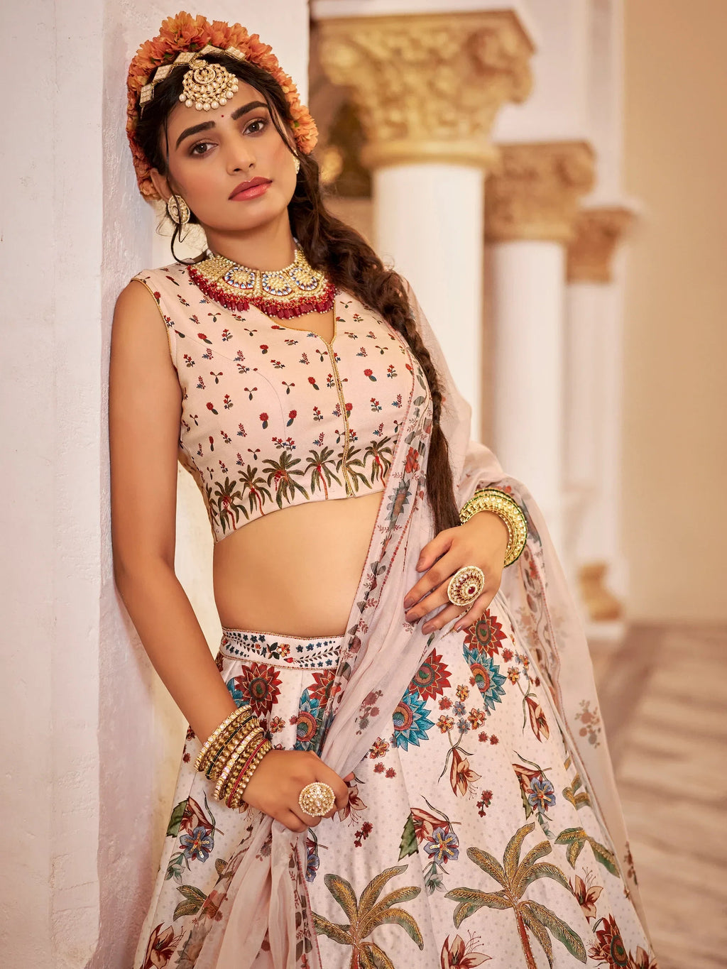 Lovely Off-White Printed Traditional Lehenga Choli With Organza Dupatta