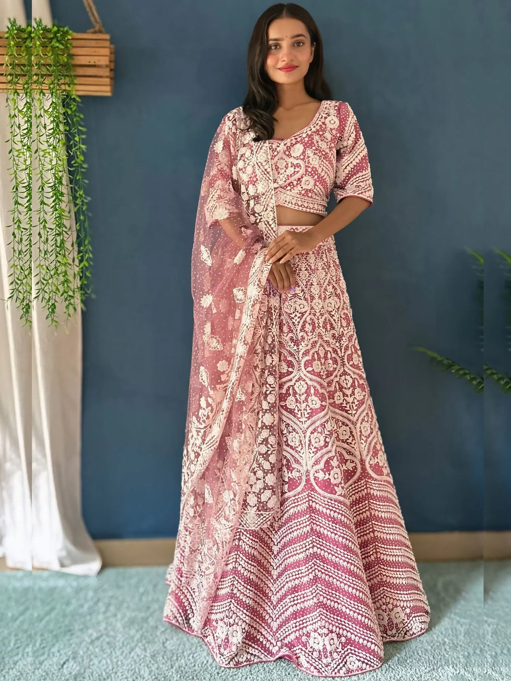 Lovely Pink Pearl Work Net Wedding Wear Lehenga Choli With Dupatta