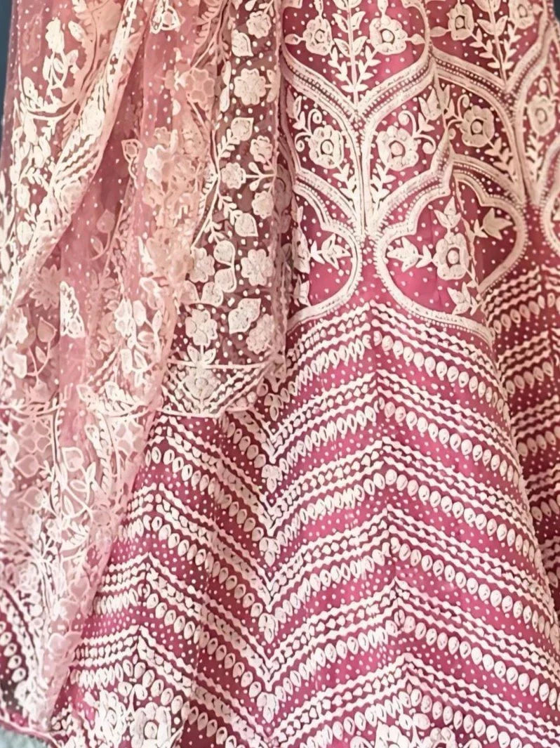 Lovely Pink Pearl Work Net Wedding Wear Lehenga Choli With Dupatta
