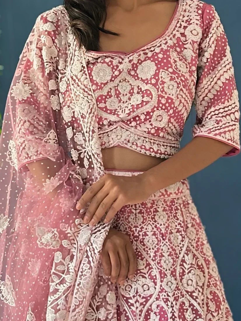 Lovely Pink Pearl Work Net Wedding Wear Lehenga Choli With Dupatta