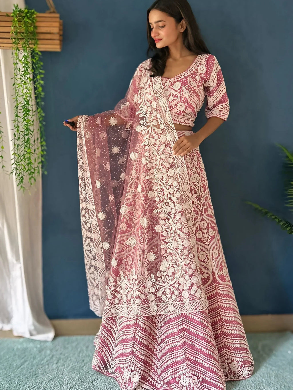 Lovely Pink Pearl Work Net Wedding Wear Lehenga Choli With Dupatta