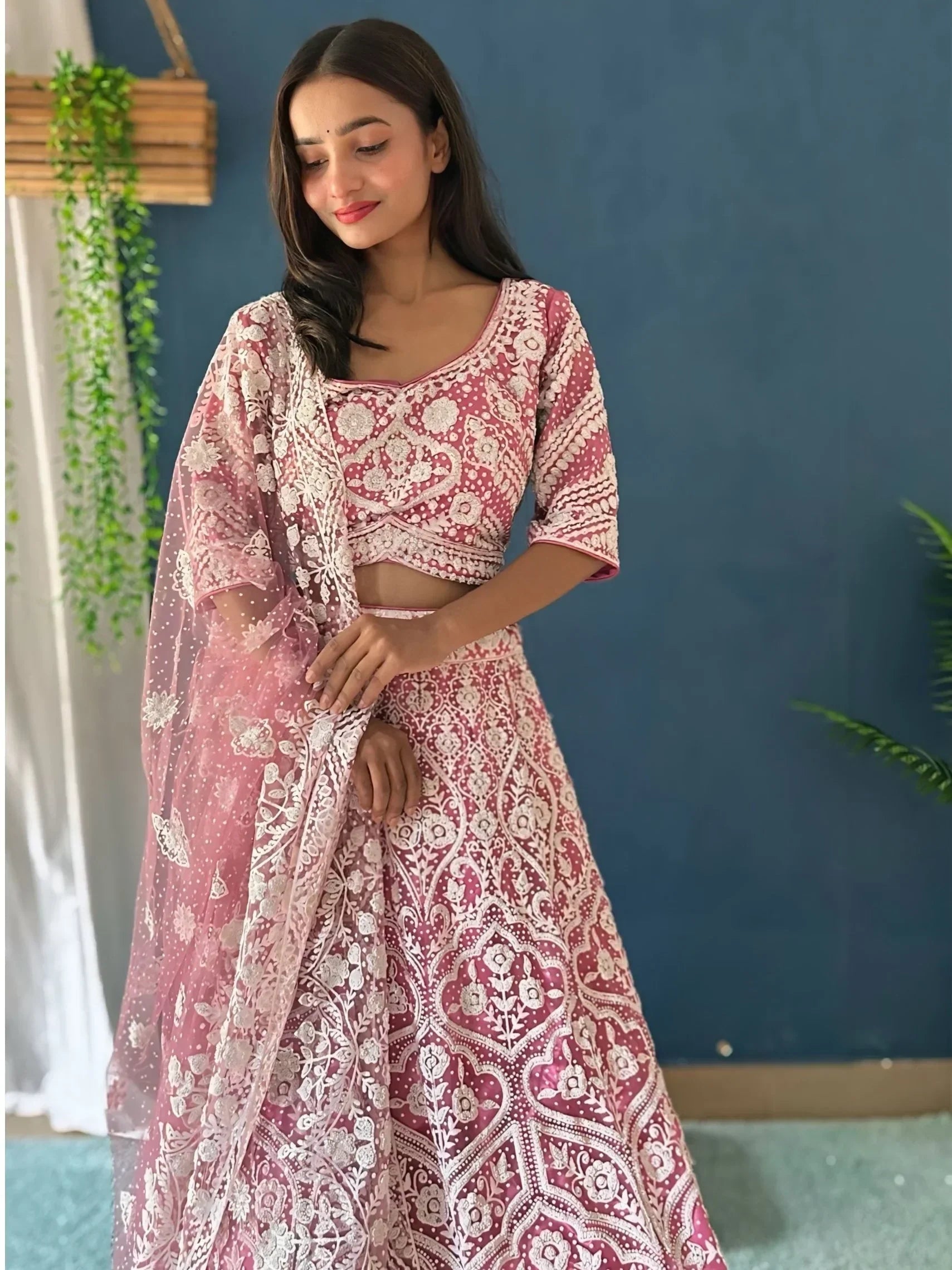Lovely Pink Pearl Work Net Wedding Wear Lehenga Choli With Dupatta