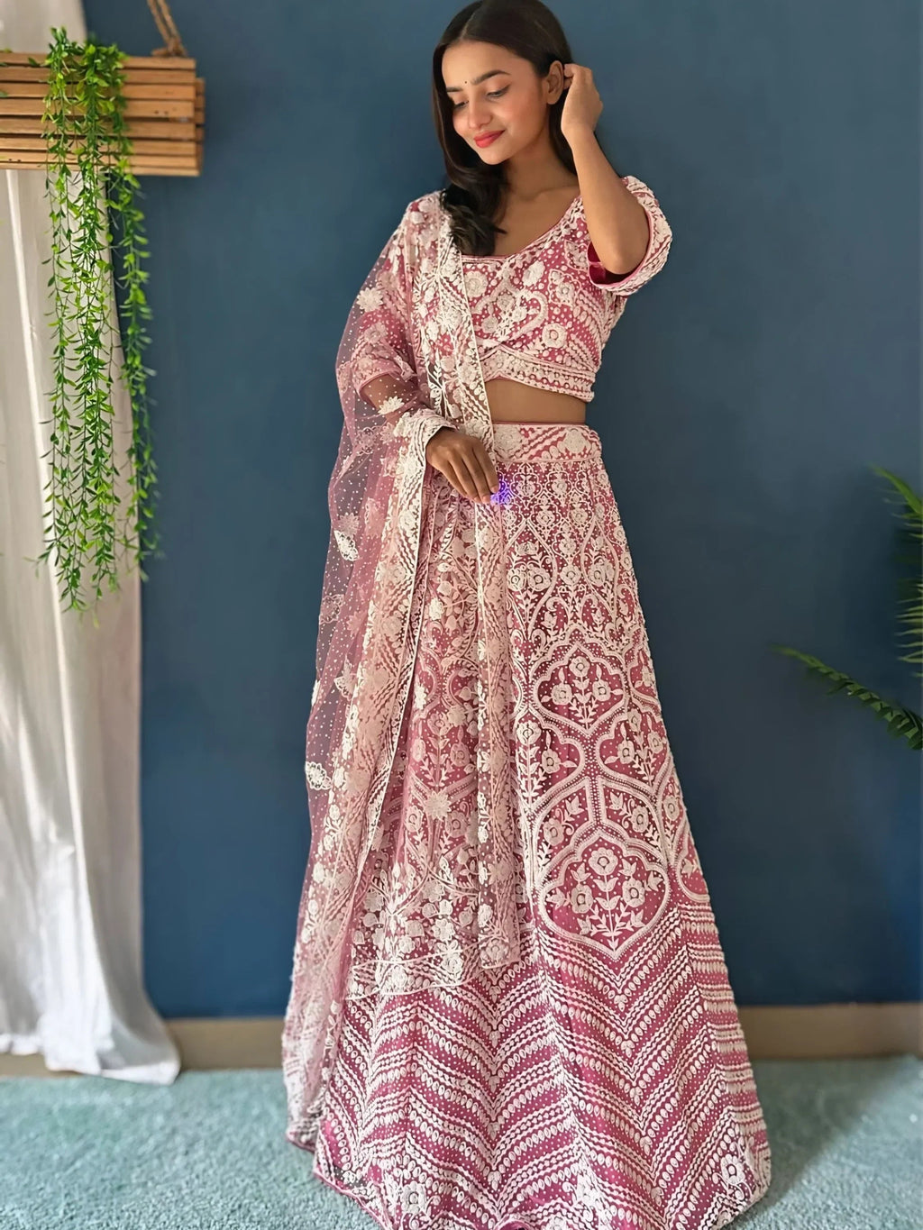 Lovely Pink Pearl Work Net Wedding Wear Lehenga Choli With Dupatta