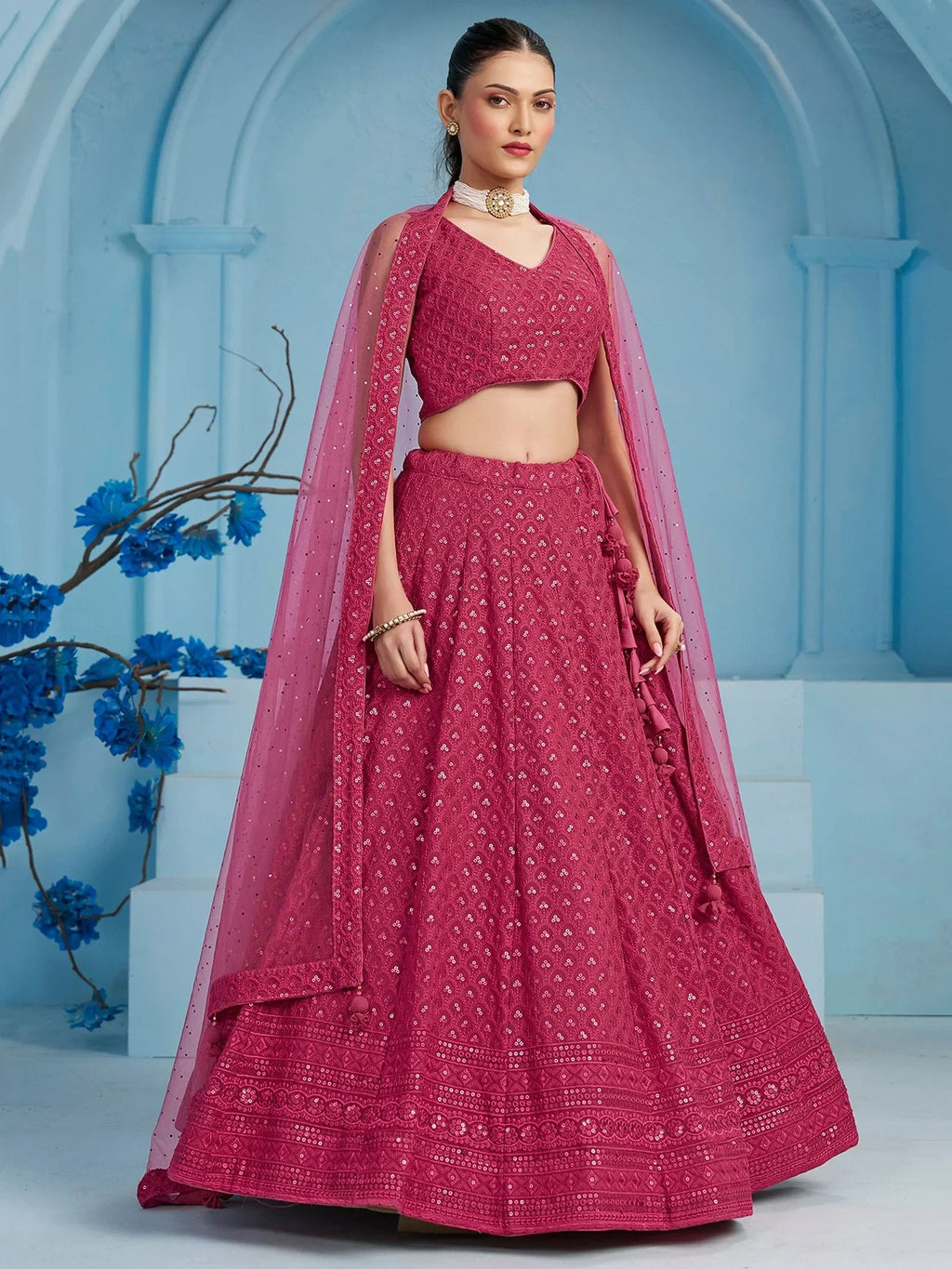 Lovely Pink Sequins Work Georgette Engagement Wear Lehenga With Blouse