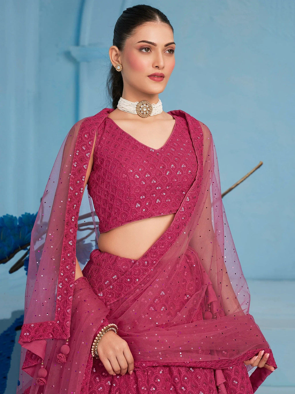 Lovely Pink Sequins Work Georgette Engagement Wear Lehenga With Blouse