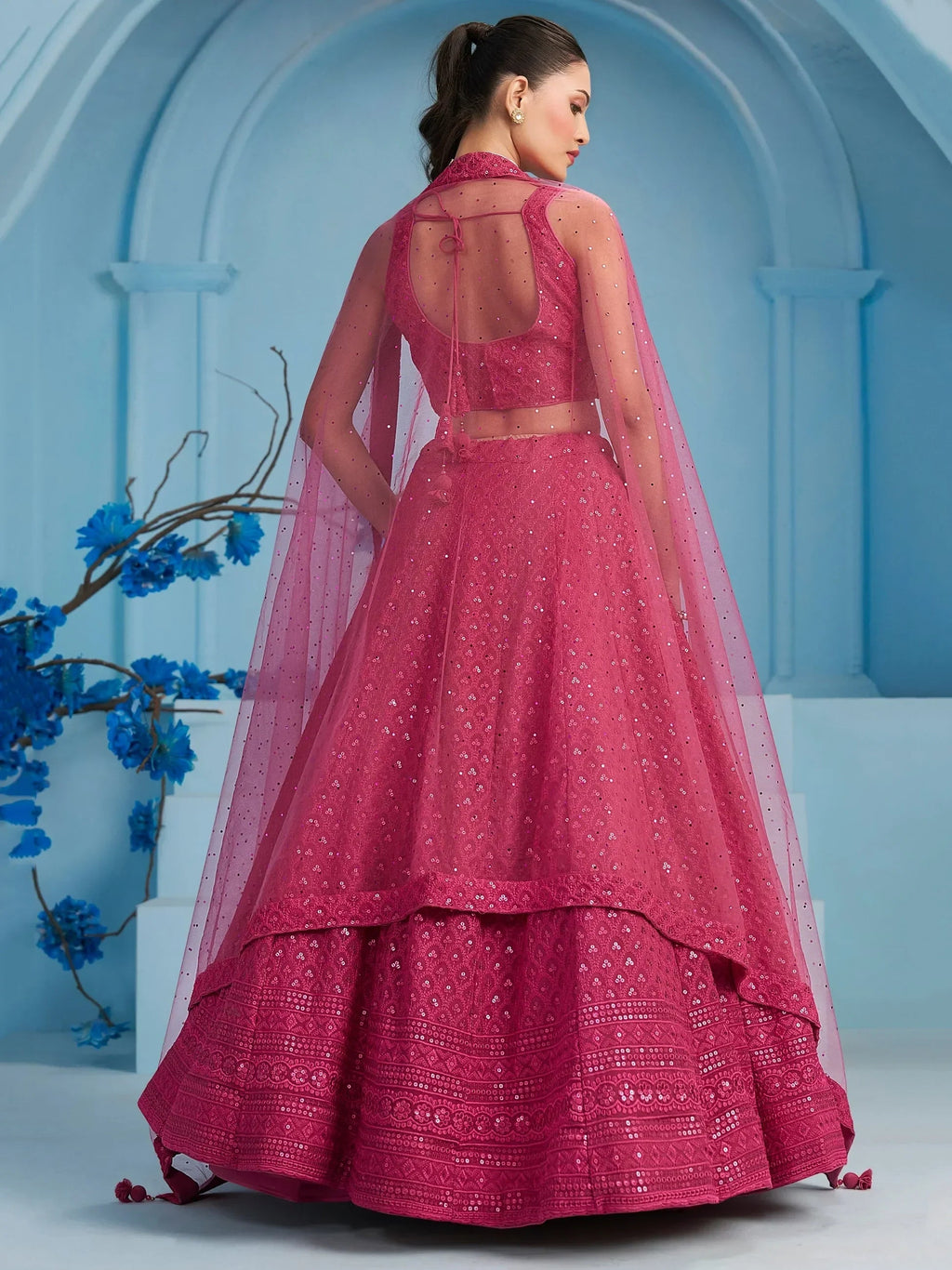 Lovely Pink Sequins Work Georgette Engagement Wear Lehenga With Blouse