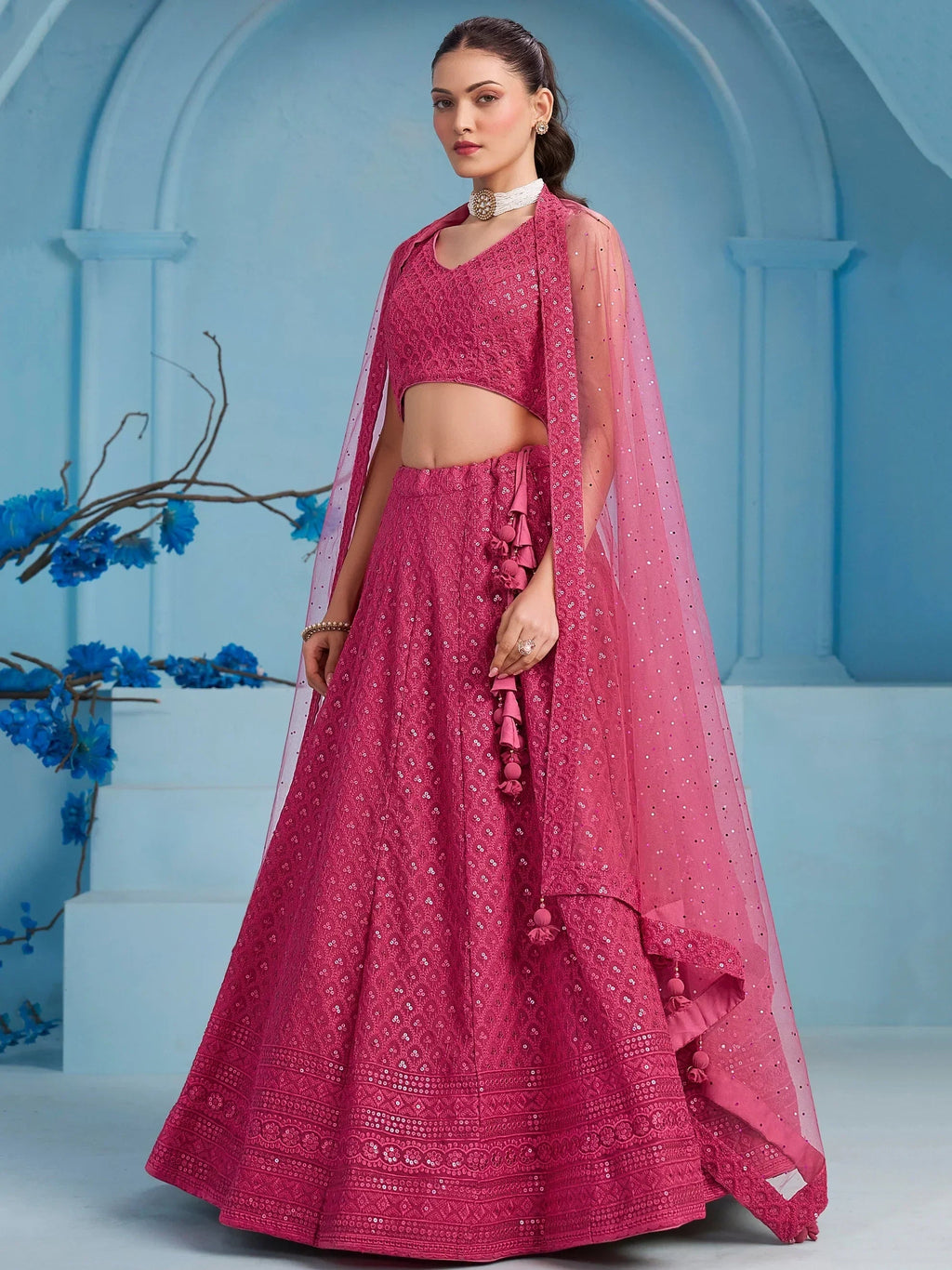 Lovely Pink Sequins Work Georgette Engagement Wear Lehenga With Blouse