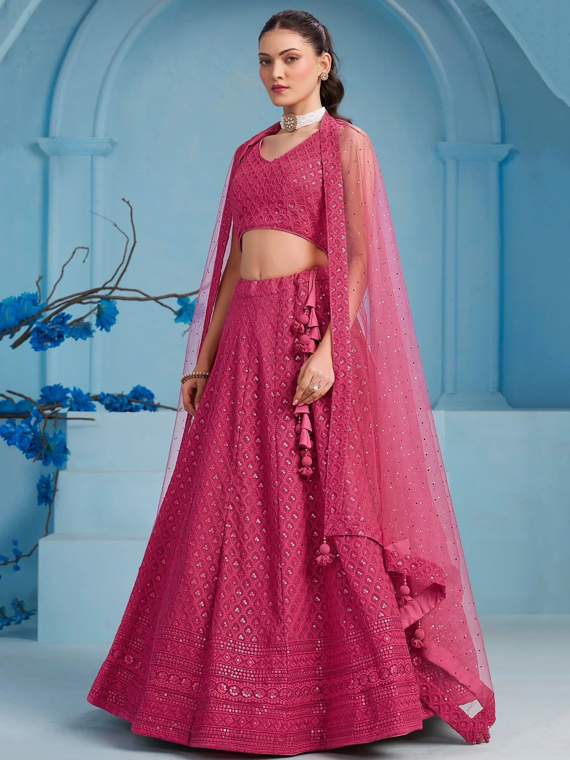 Lovely Pink Sequins Work Georgette Engagement Wear Lehenga With Blouse