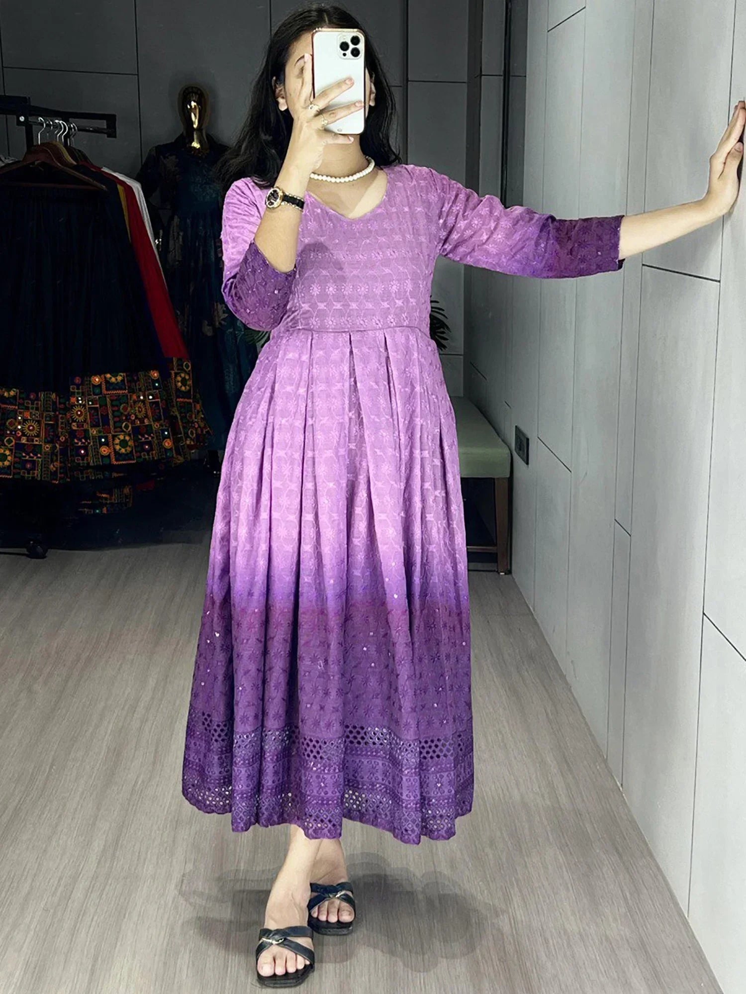 Purple Adorning Shaded Cotton Casual Wear Chikankari Gown