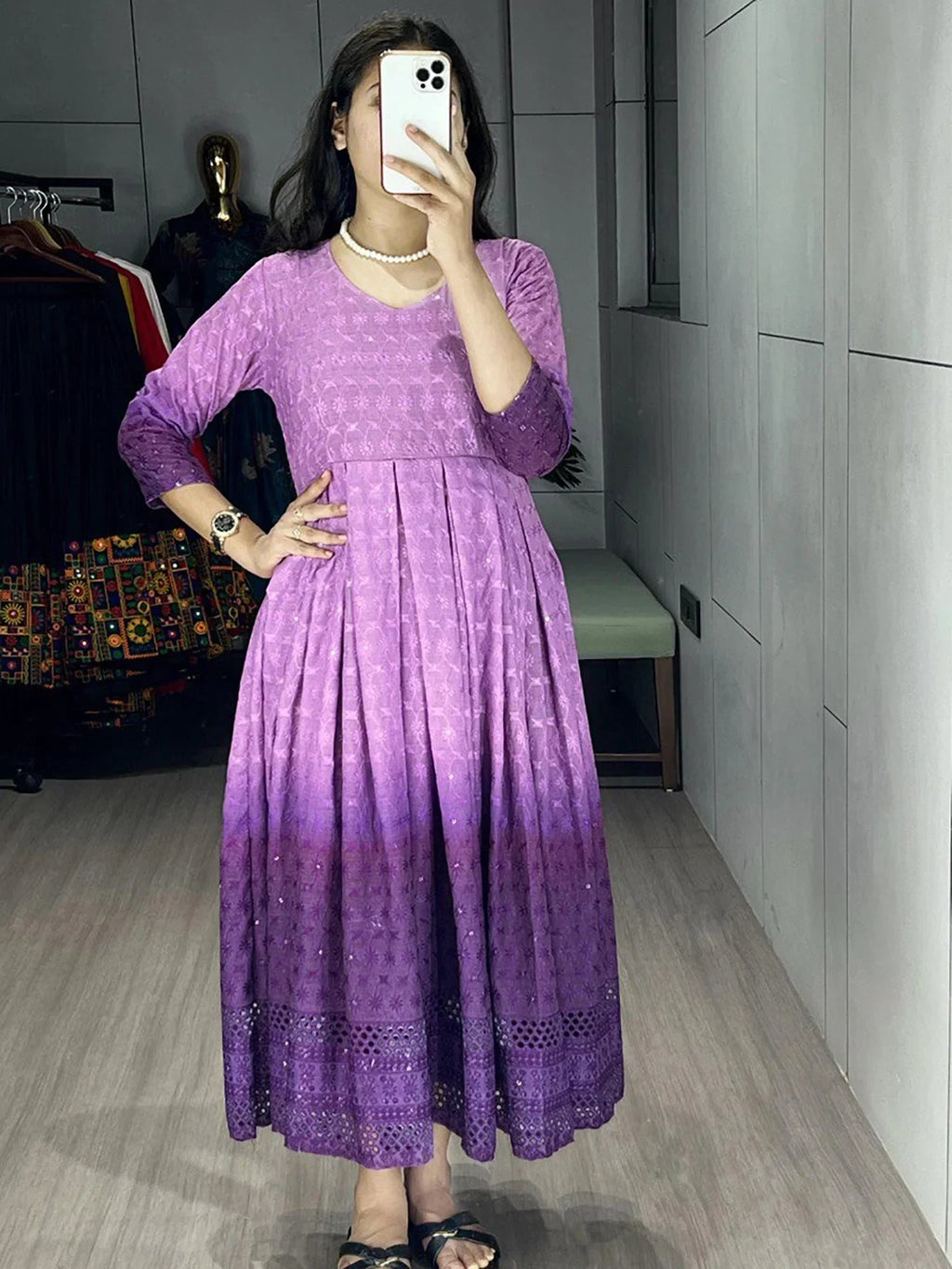 Purple Adorning Shaded Cotton Casual Wear Chikankari Gown