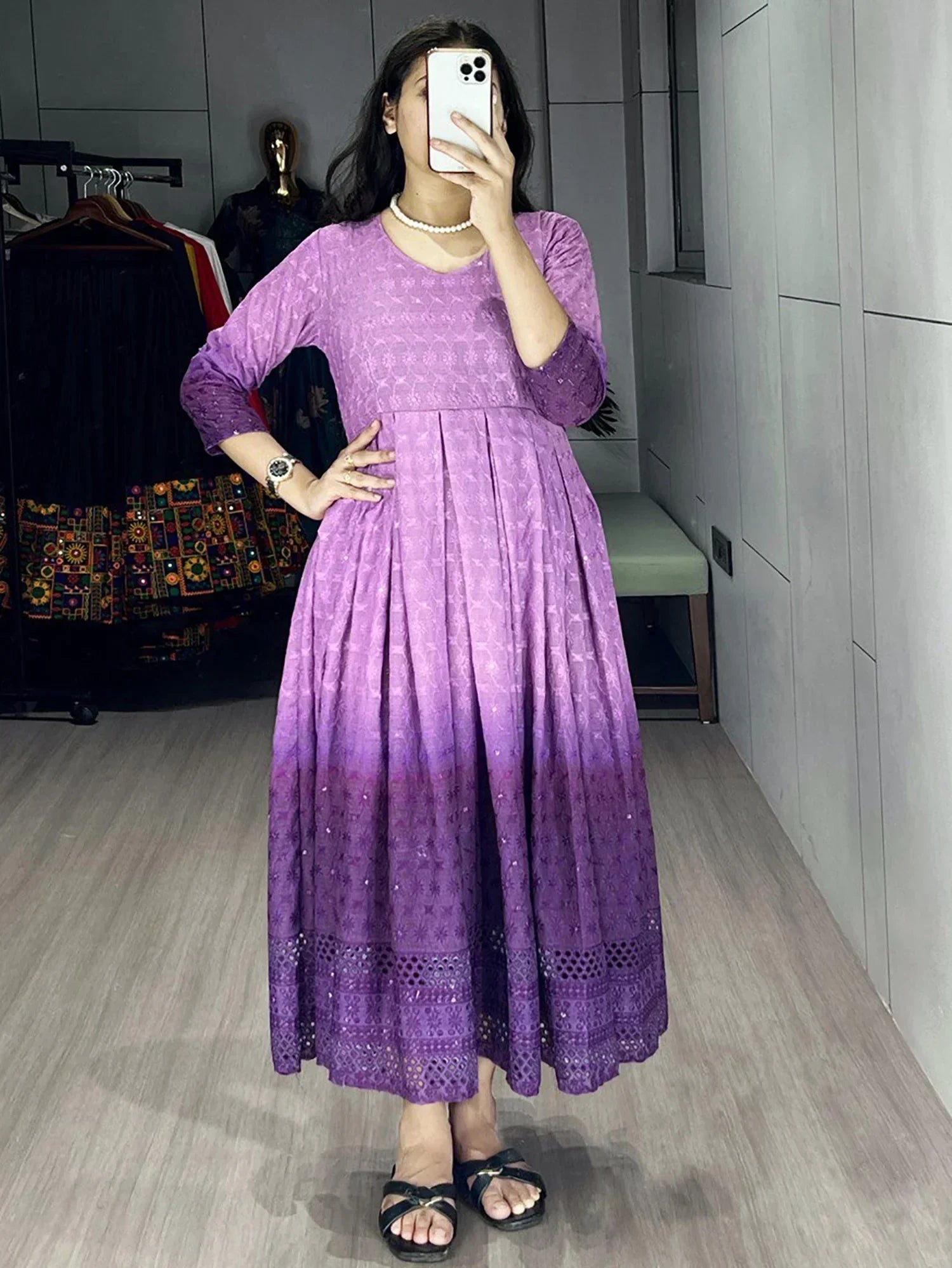 Purple Adorning Shaded Cotton Casual Wear Chikankari Gown