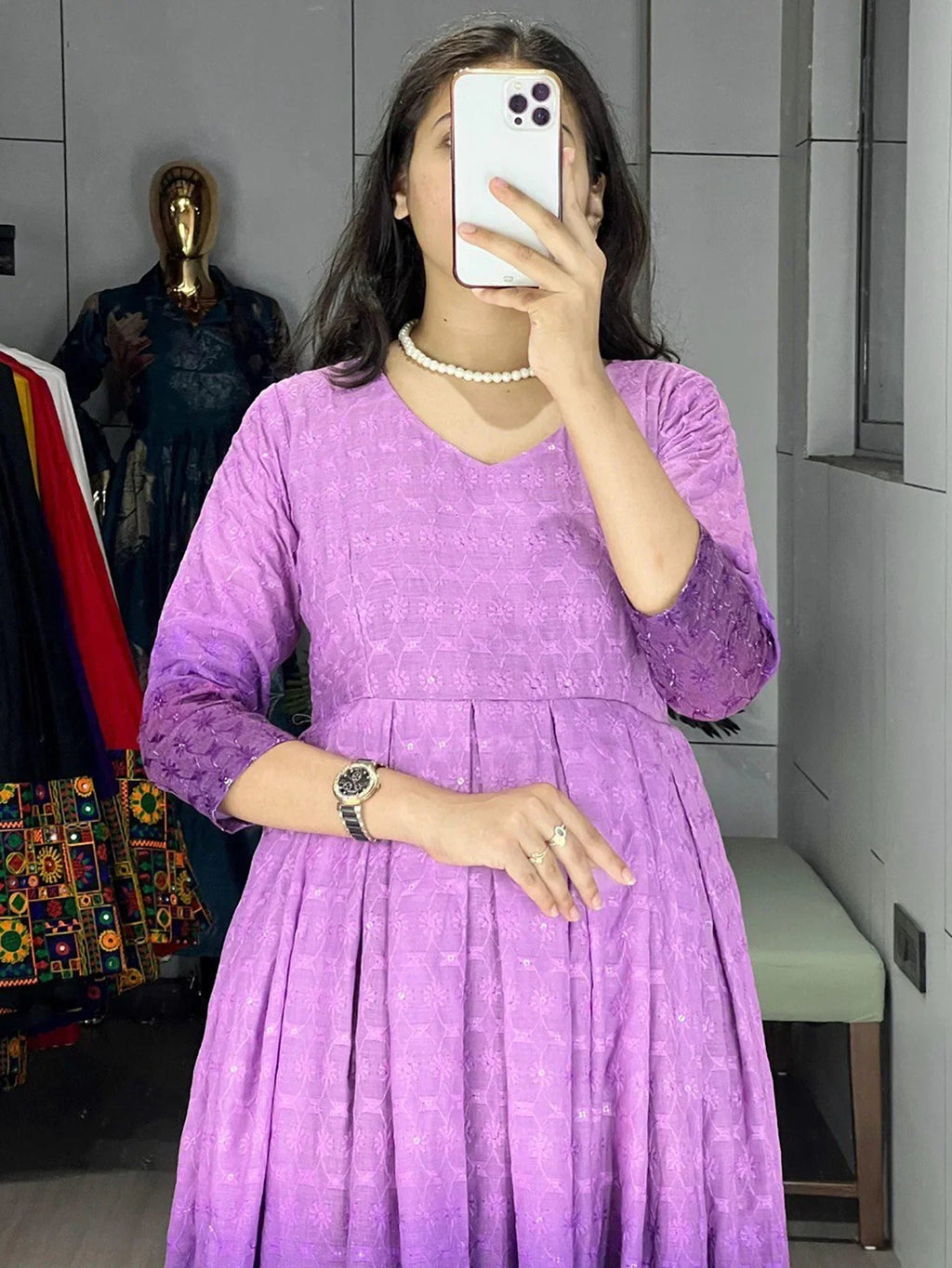 Purple Adorning Shaded Cotton Casual Wear Chikankari Gown
