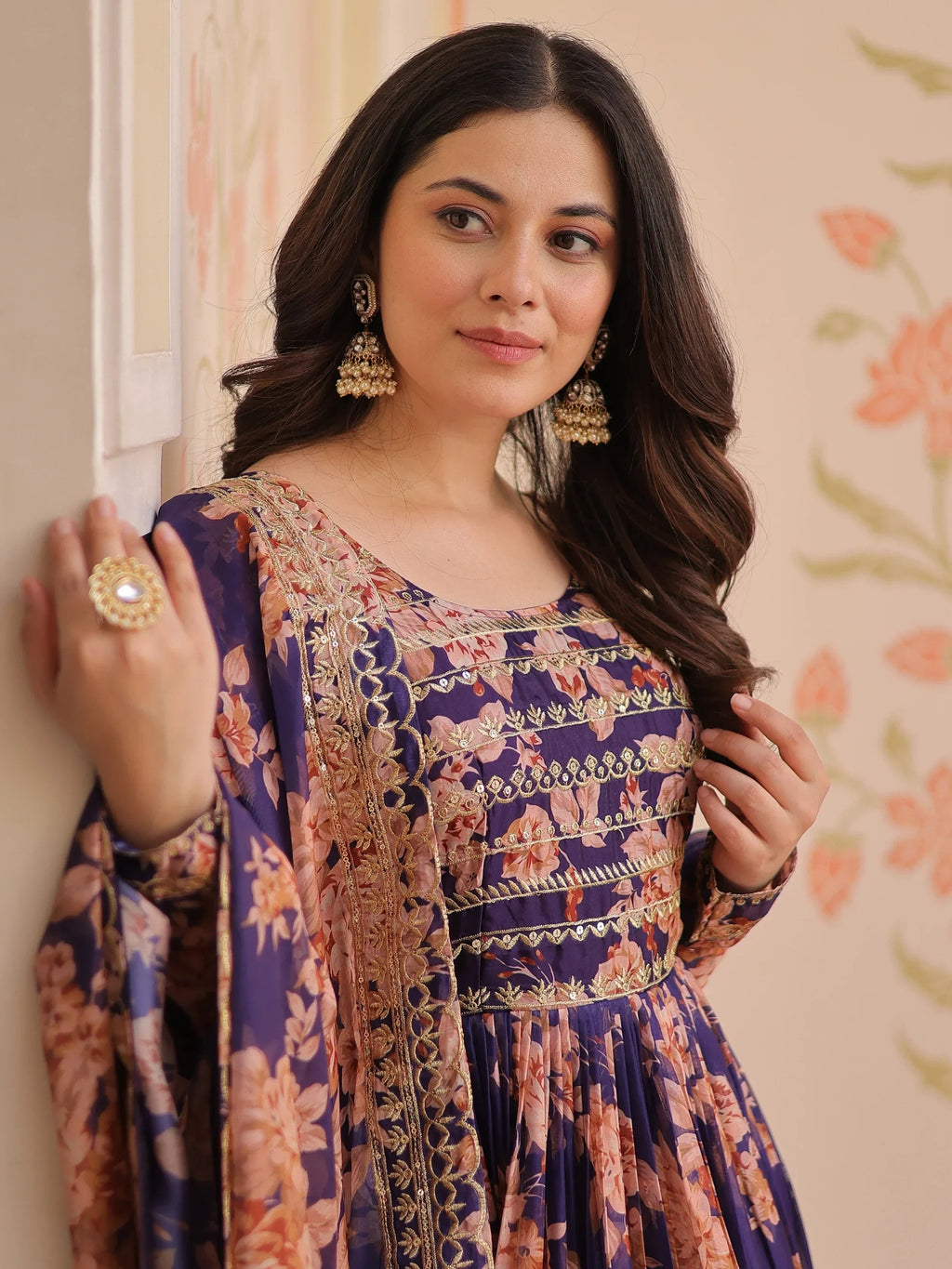 Purple Lovely Silk Floral Printed Anarkali Gown With Dupatta