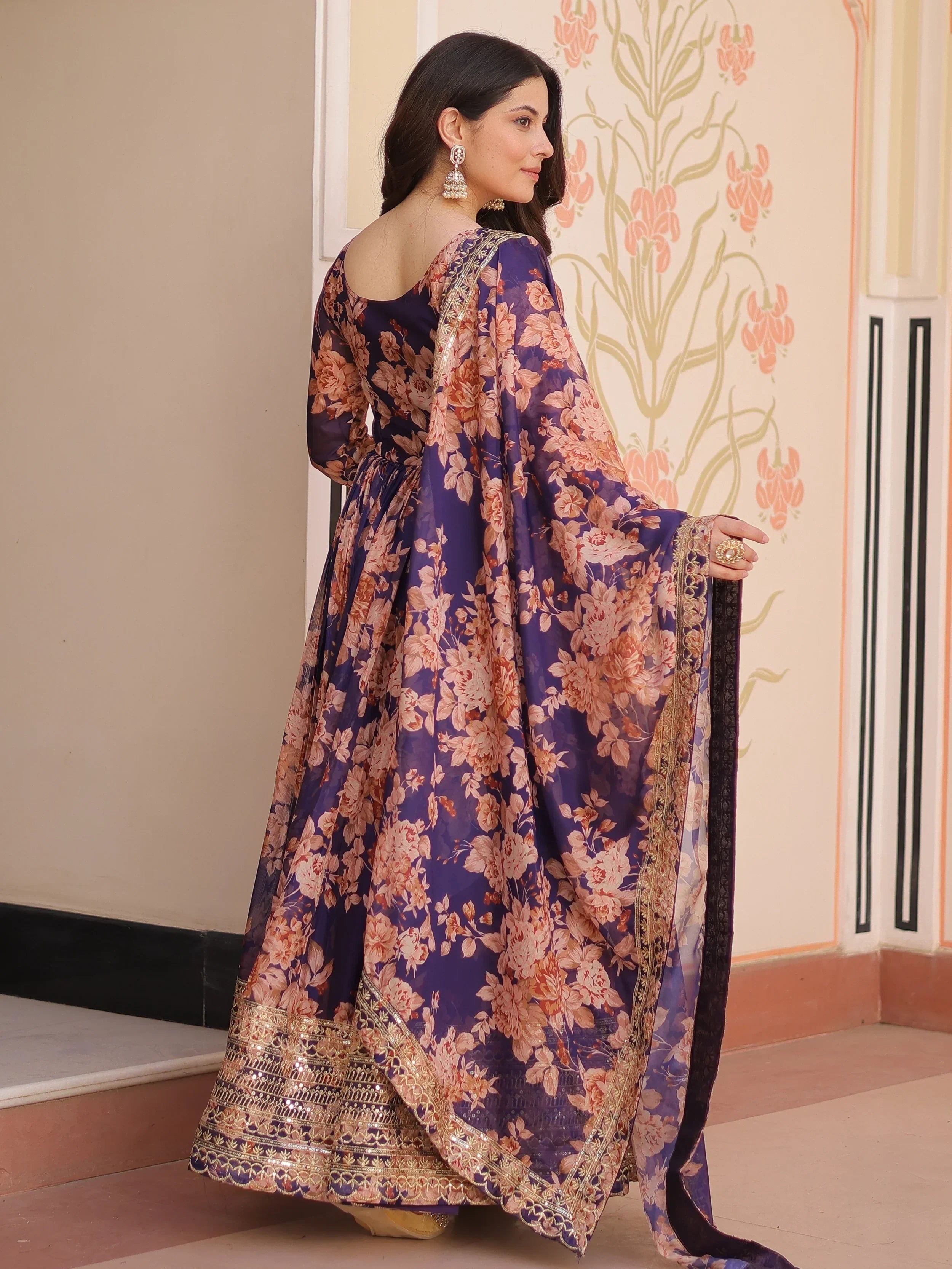 Purple Lovely Silk Floral Printed Anarkali Gown With Dupatta