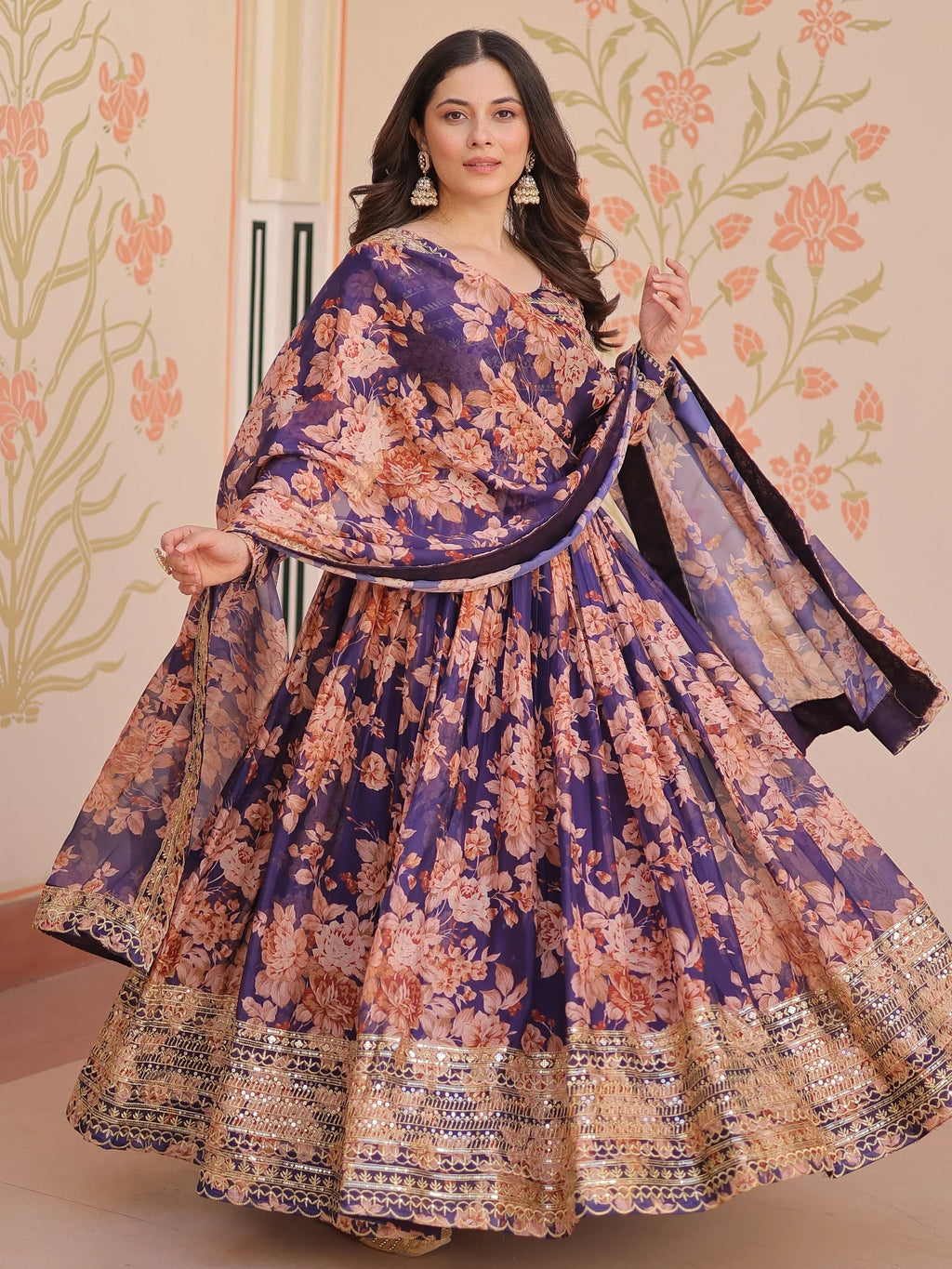 Purple Lovely Silk Floral Printed Anarkali Gown With Dupatta