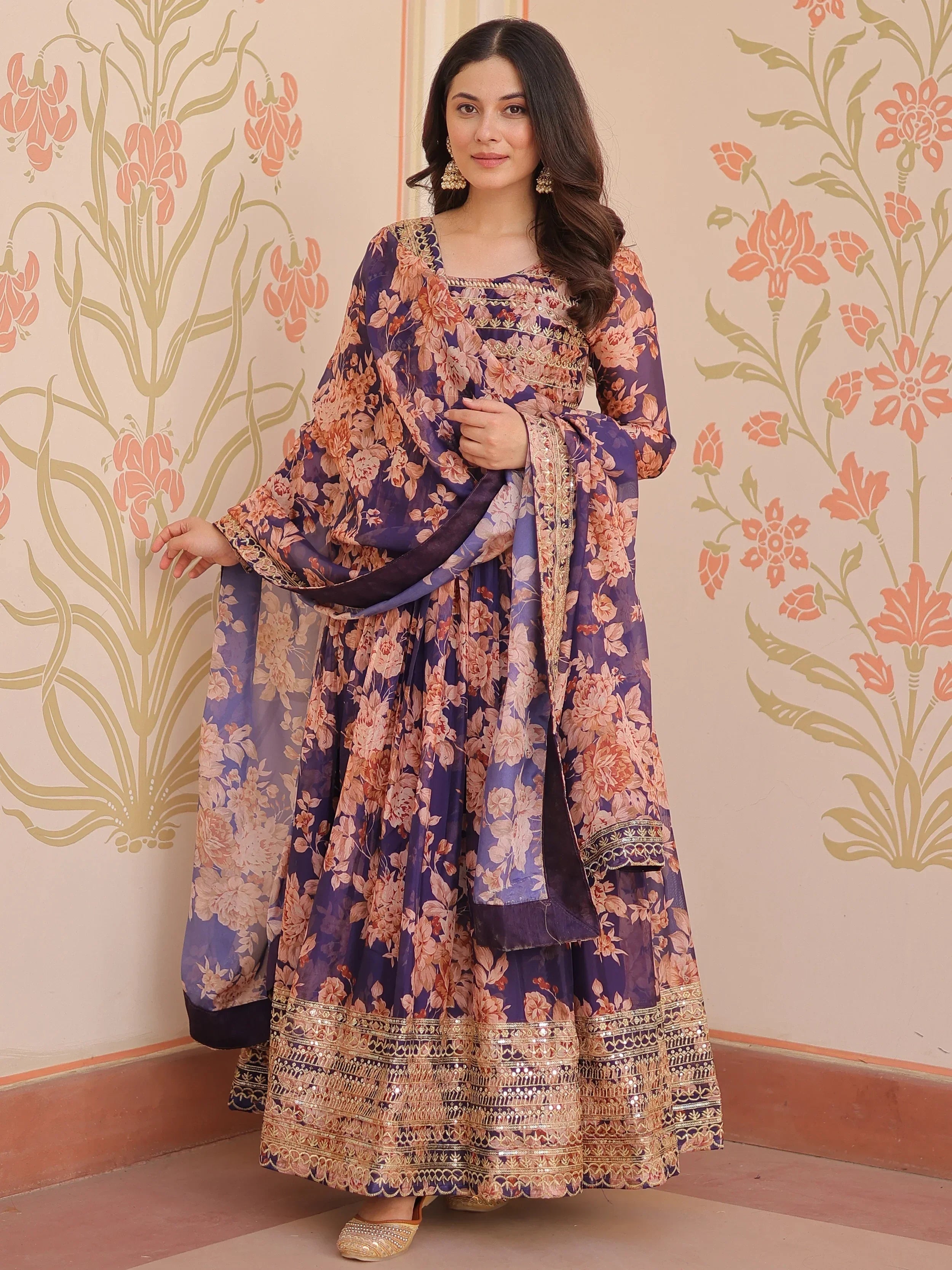 Purple Lovely Silk Floral Printed Anarkali Gown With Dupatta