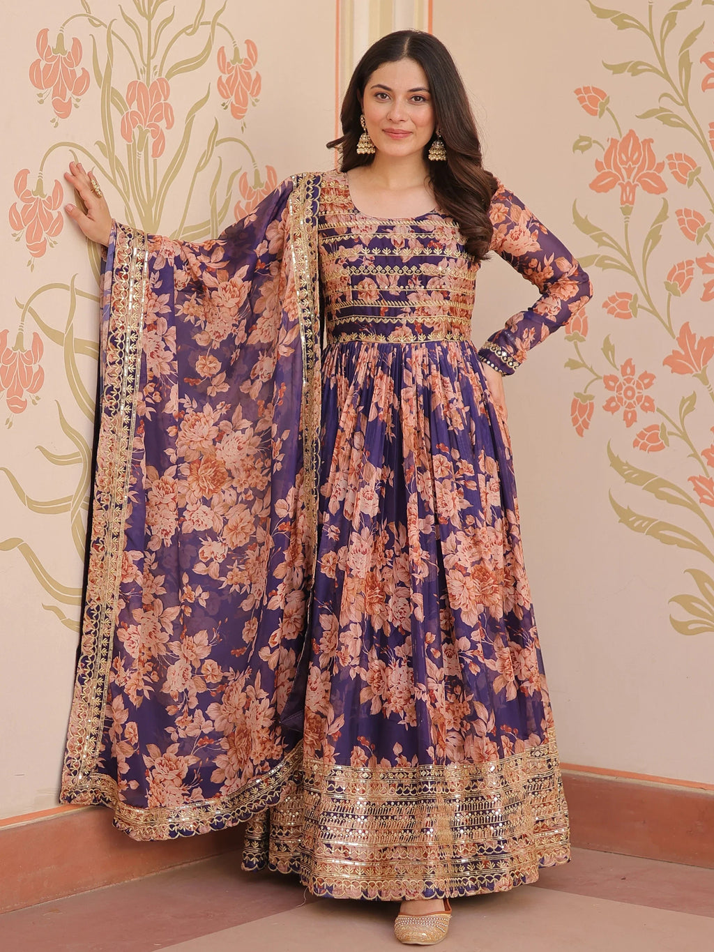 Purple Lovely Silk Floral Printed Anarkali Gown With Dupatta