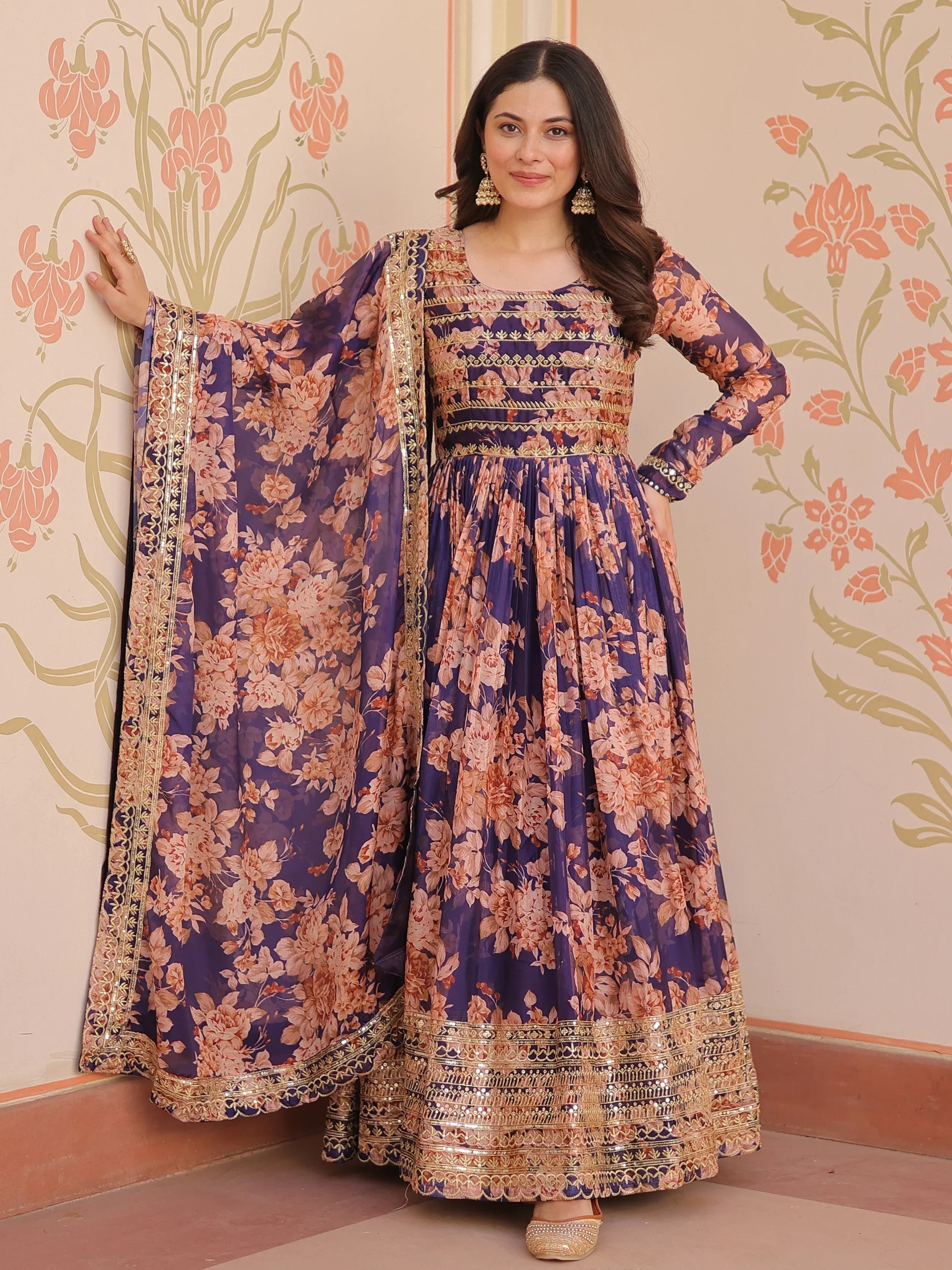 Purple Lovely Silk Floral Printed Anarkali Gown With Dupatta