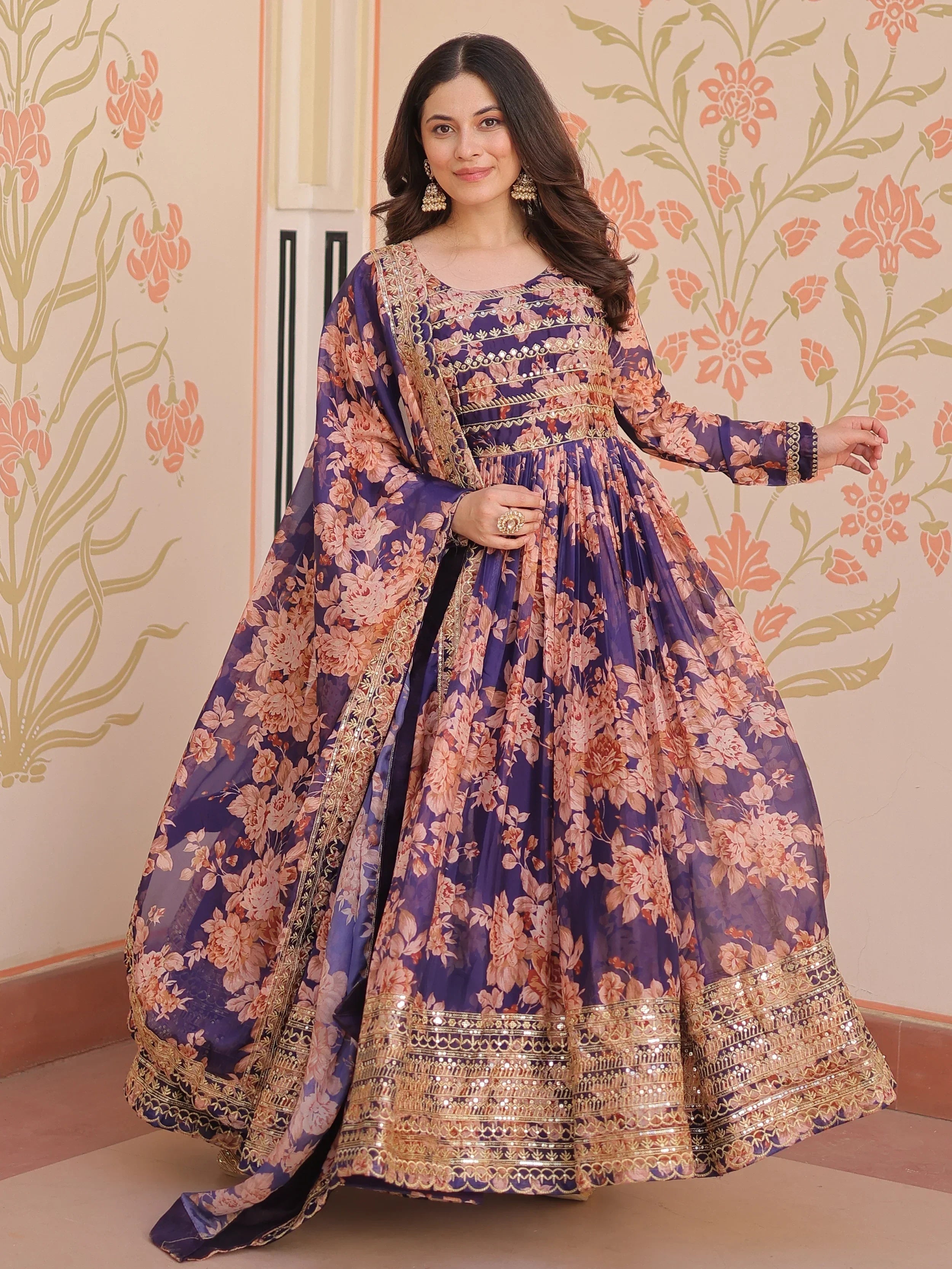 Purple Lovely Silk Floral Printed Anarkali Gown With Dupatta