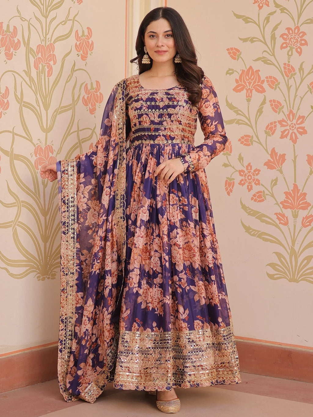 Purple Lovely Silk Floral Printed Anarkali Gown With Dupatta