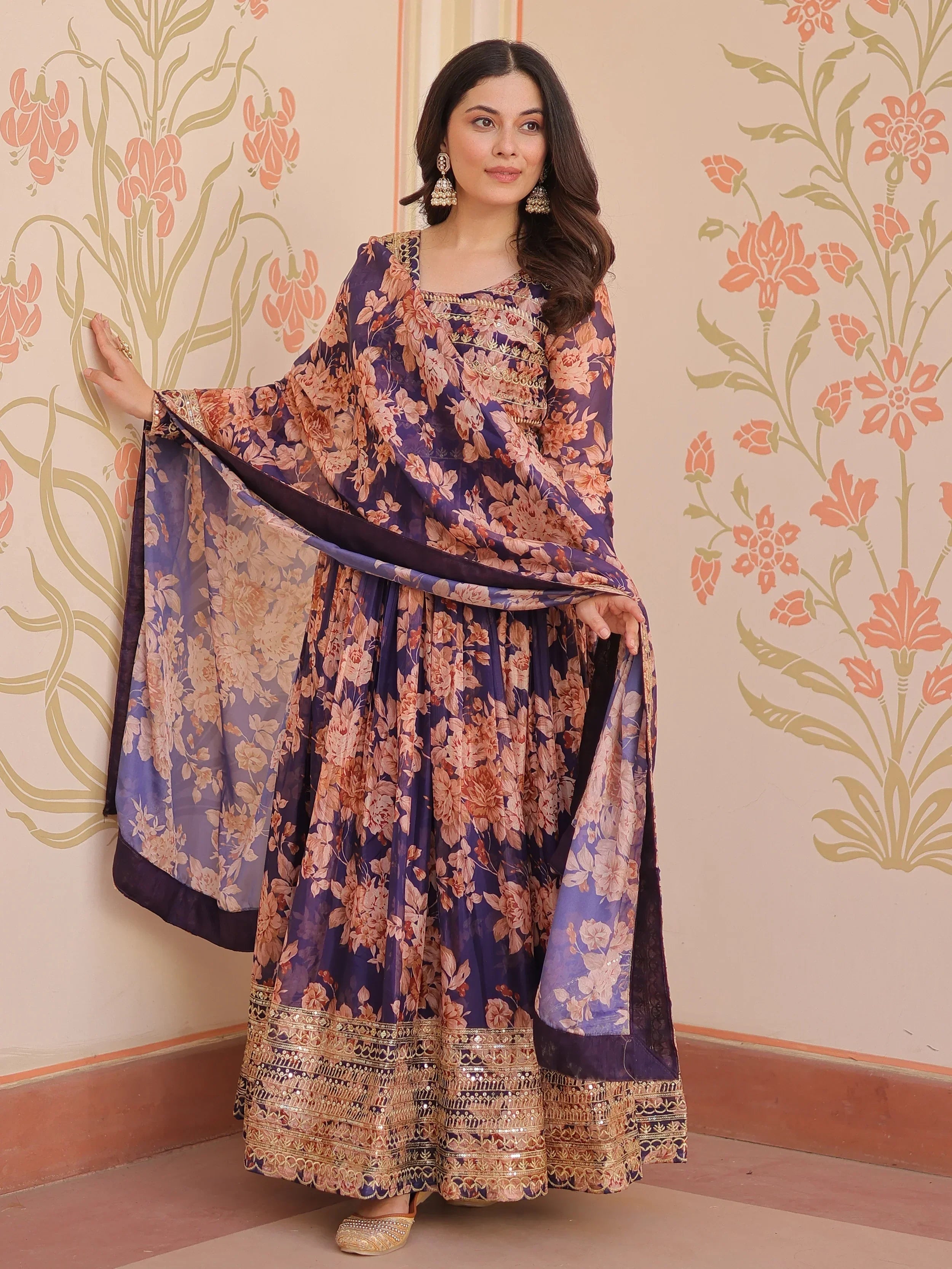 Purple Lovely Silk Floral Printed Anarkali Gown With Dupatta