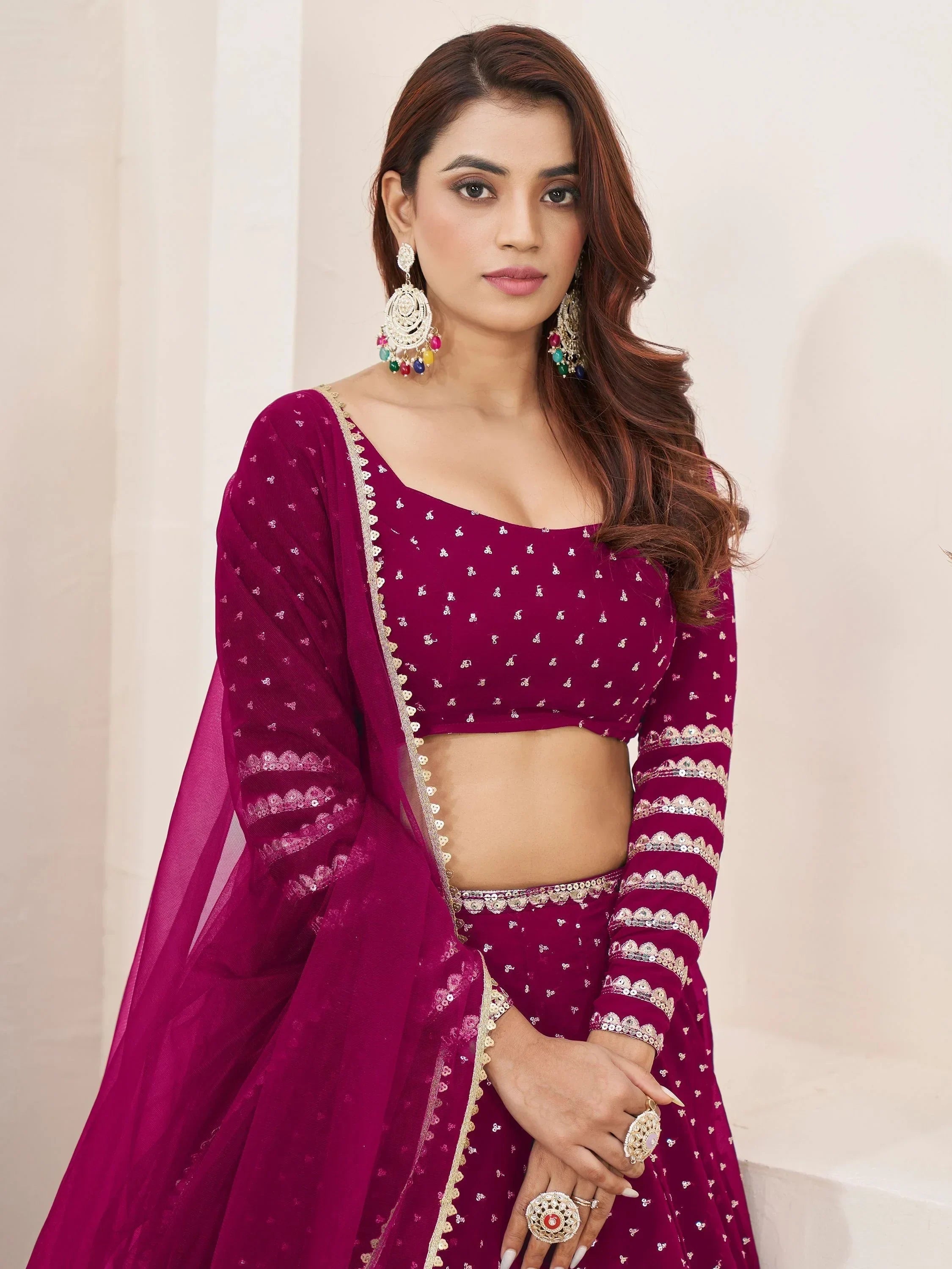 Lovely Rani Pink Color Sequins Georgette Function Wear Lehenga Choli