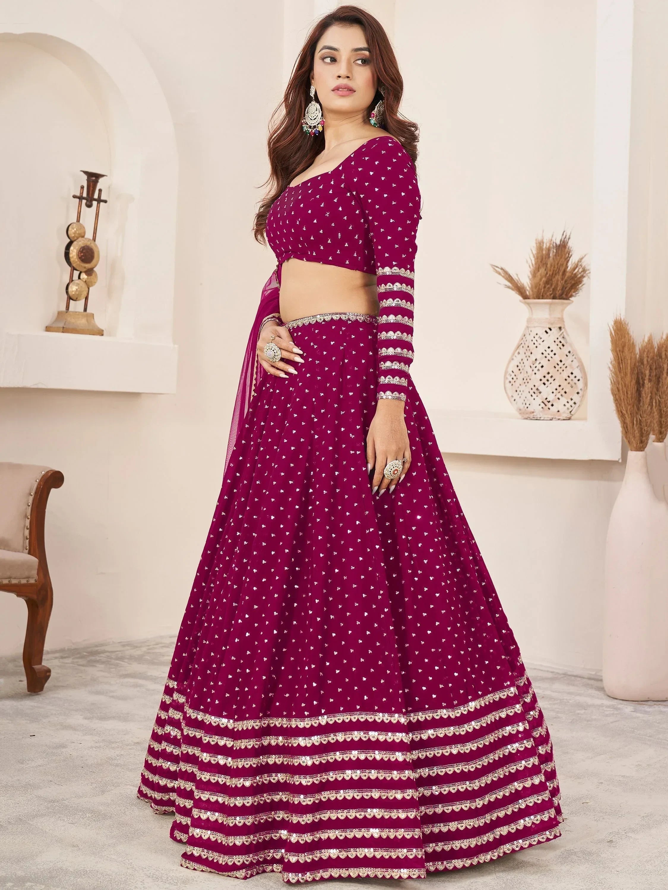 Lovely Rani Pink Color Sequins Georgette Function Wear Lehenga Choli
