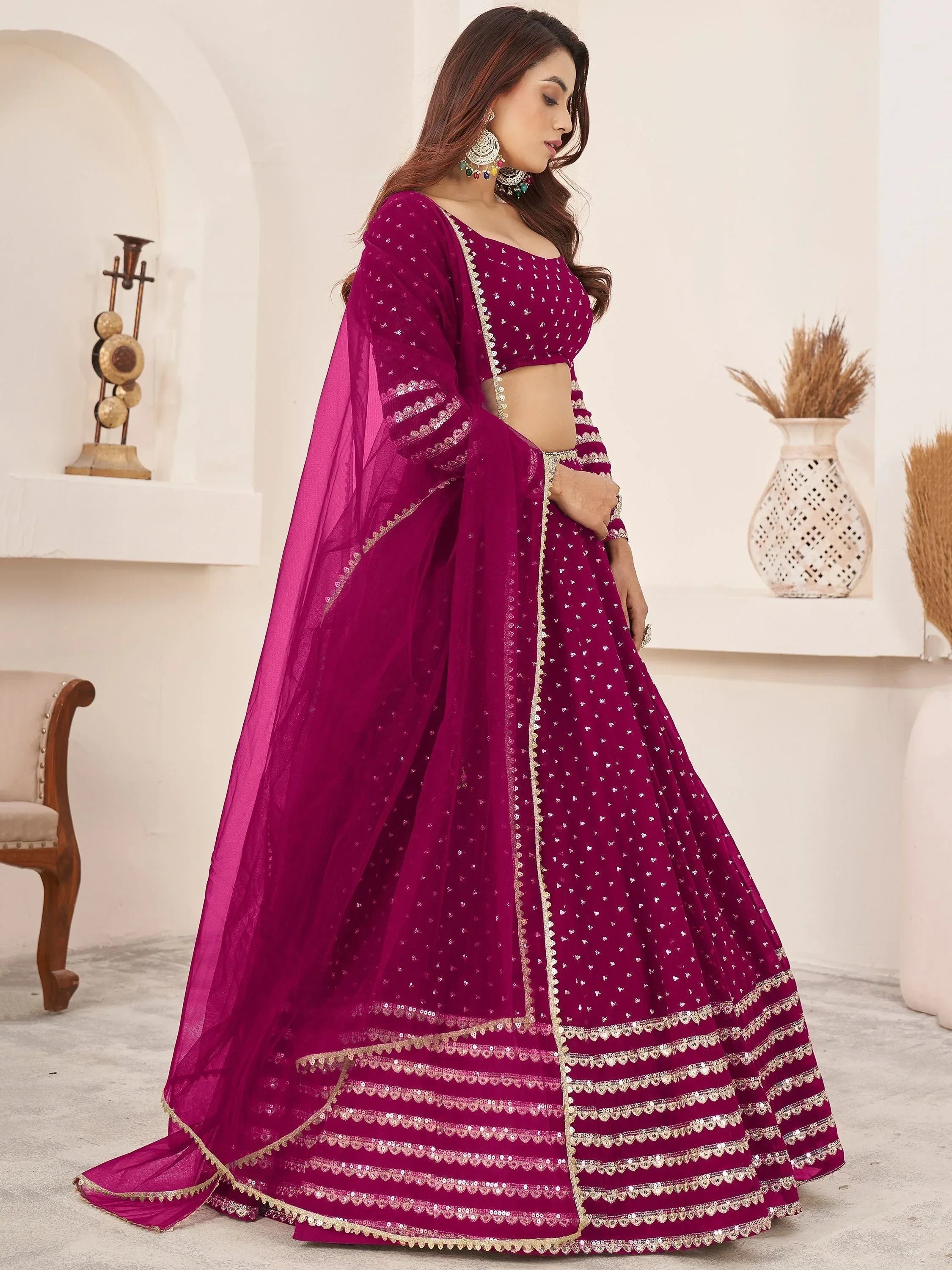 Lovely Rani Pink Color Sequins Georgette Function Wear Lehenga Choli
