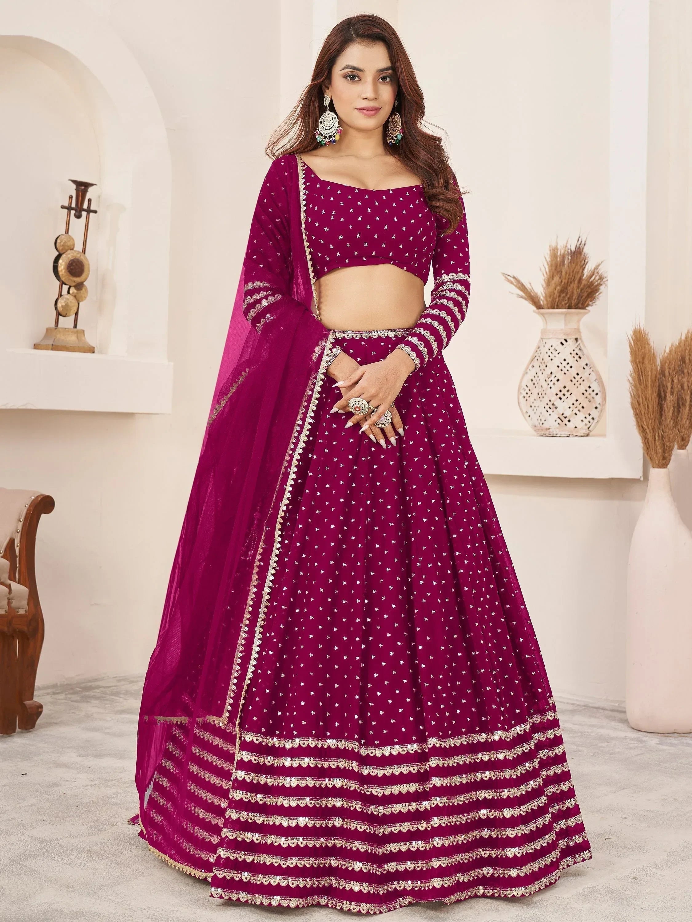 Lovely Rani Pink Color Sequins Georgette Function Wear Lehenga Choli