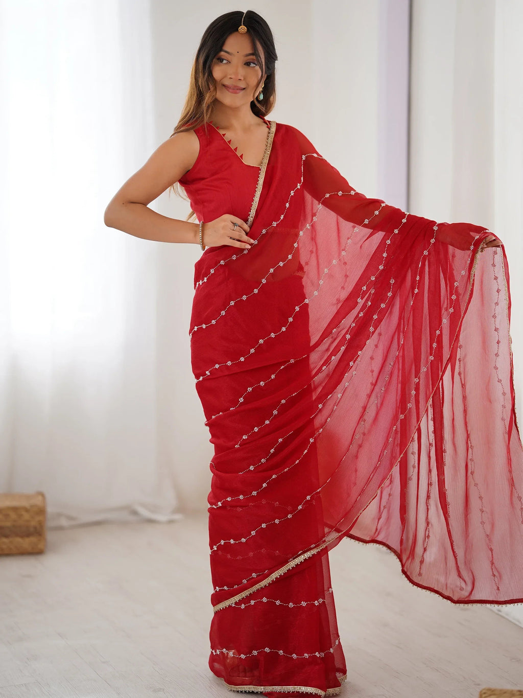Red Majestic Chiffon Beads Work Saree With Blouse