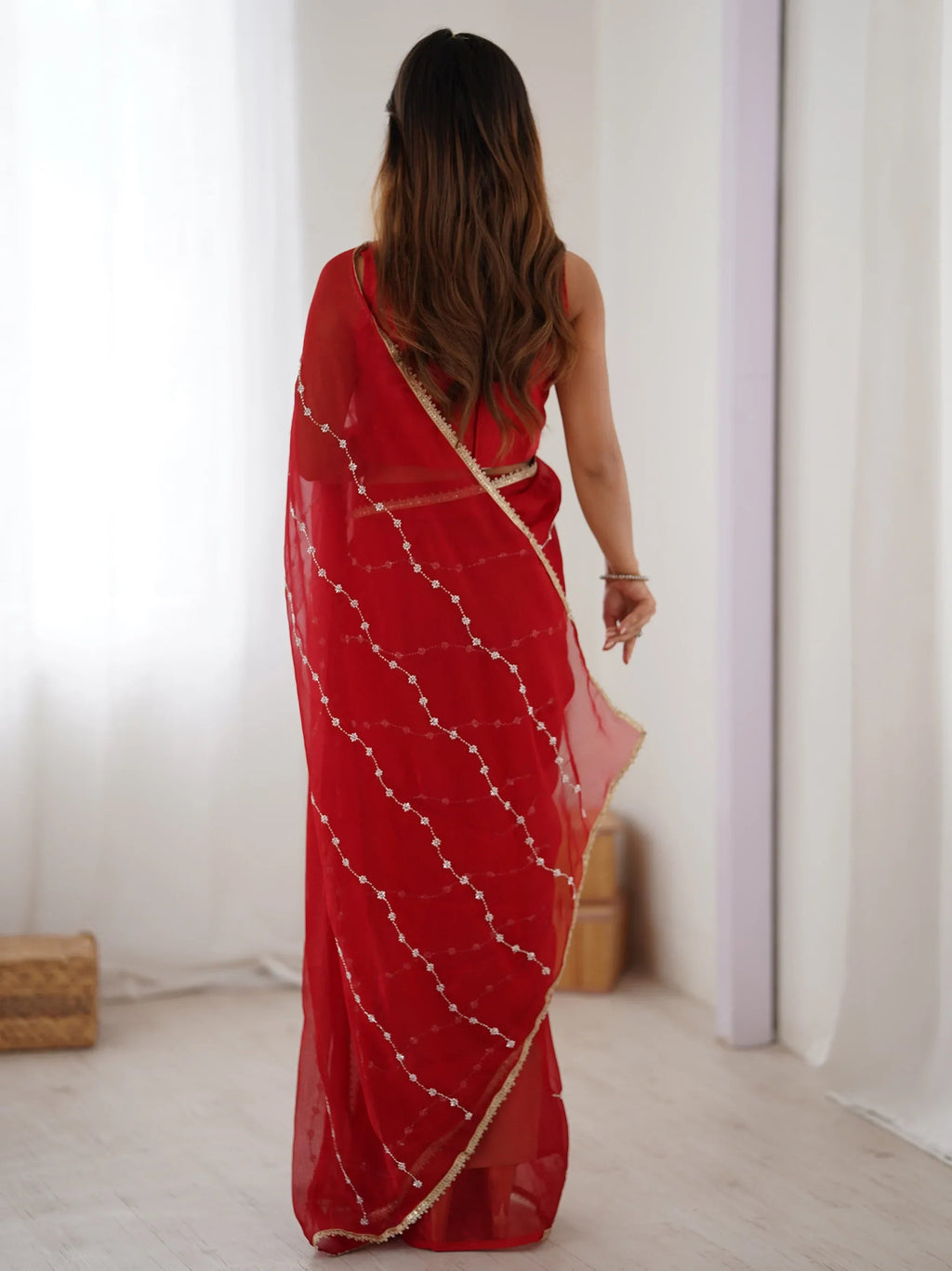 Red Majestic Chiffon Beads Work Saree With Blouse