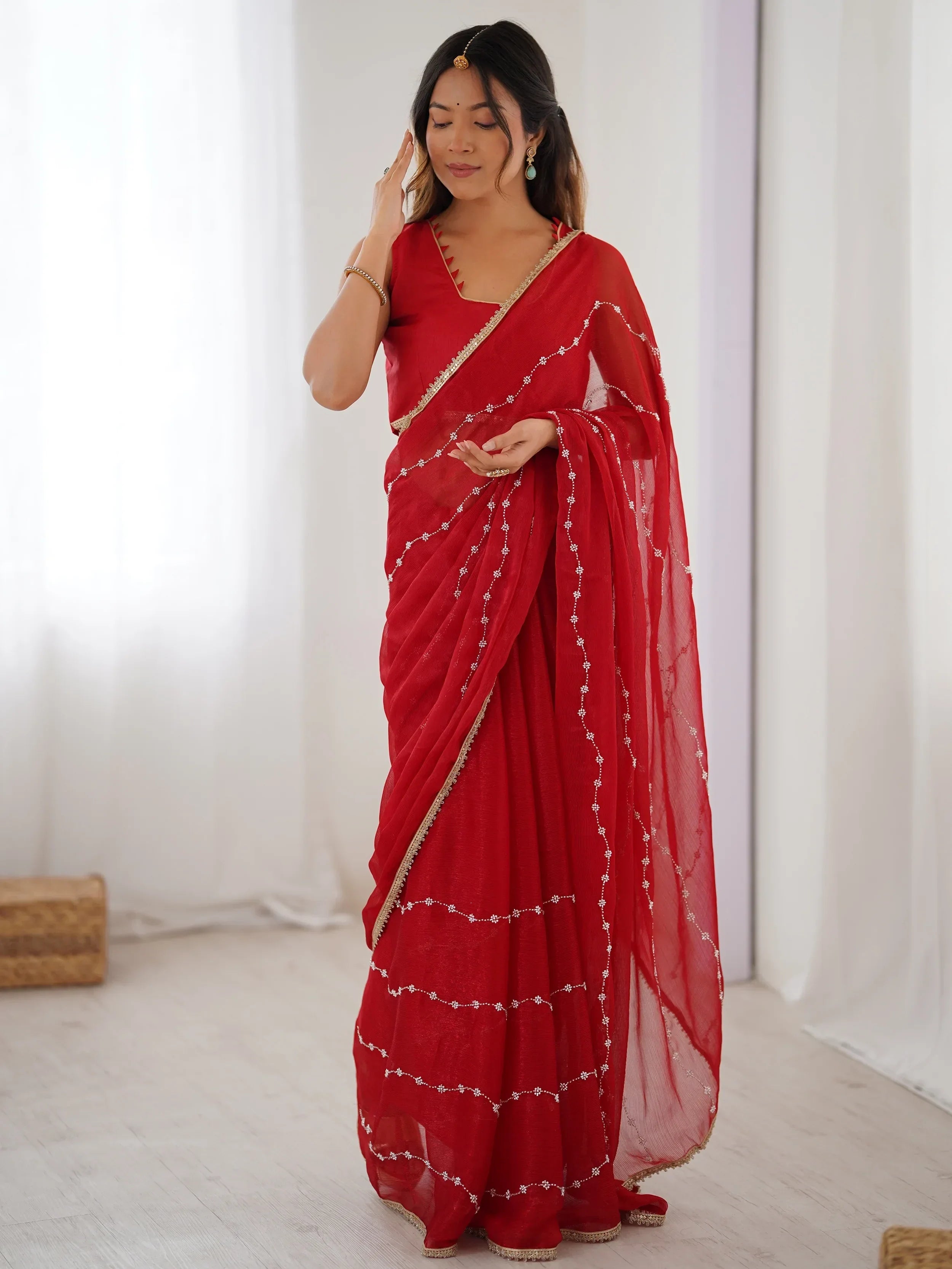 Red Majestic Chiffon Beads Work Saree With Blouse