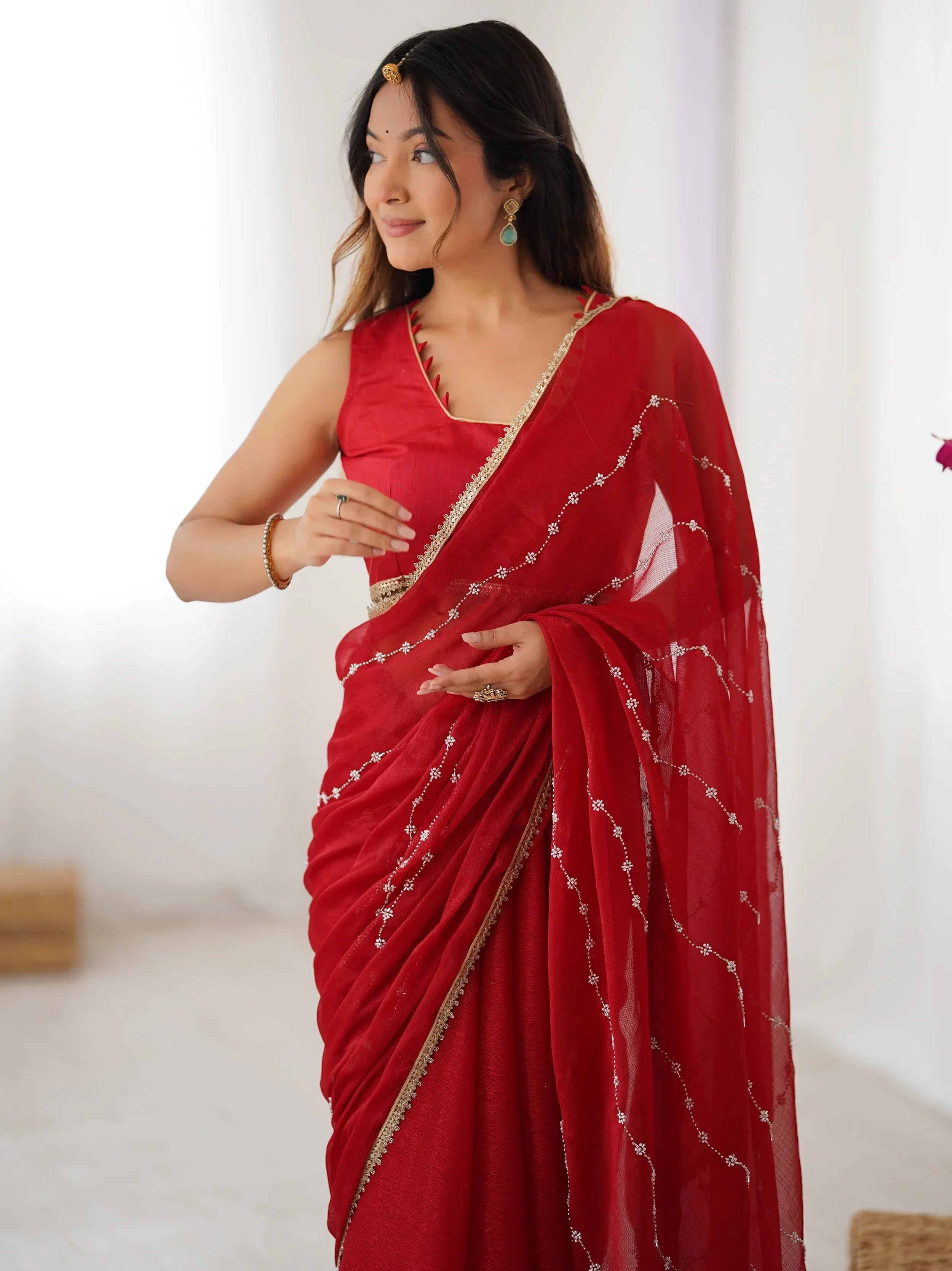 Red Majestic Chiffon Beads Work Saree With Blouse