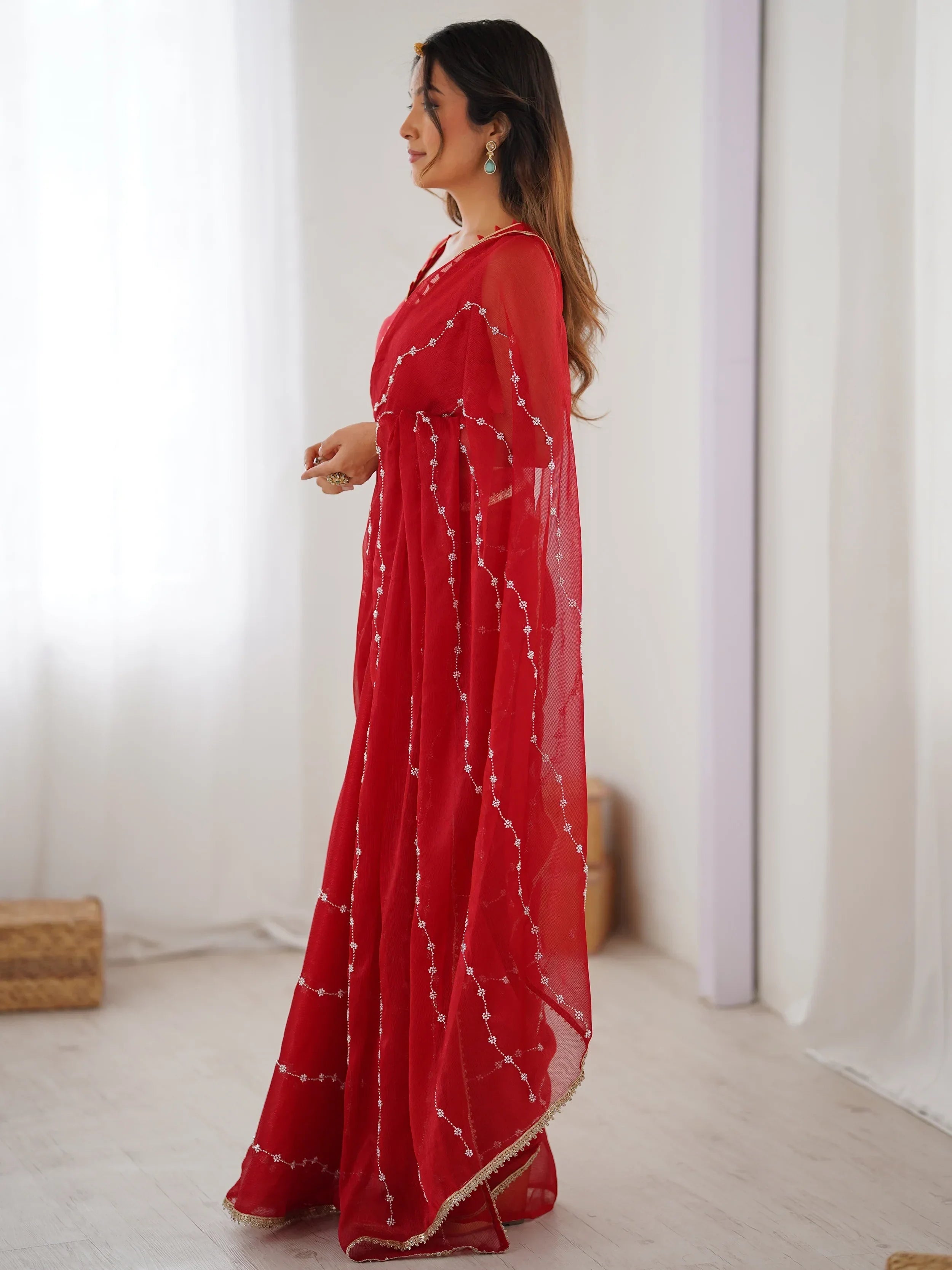 Red Majestic Chiffon Beads Work Saree With Blouse