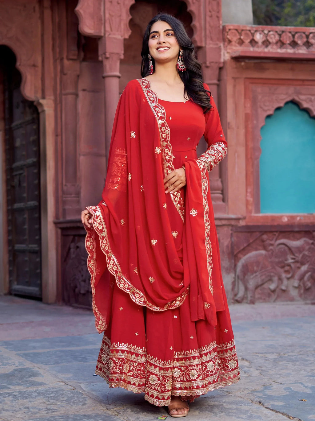 Lovely Red Georgette Sequins Work Gown With Dupatta