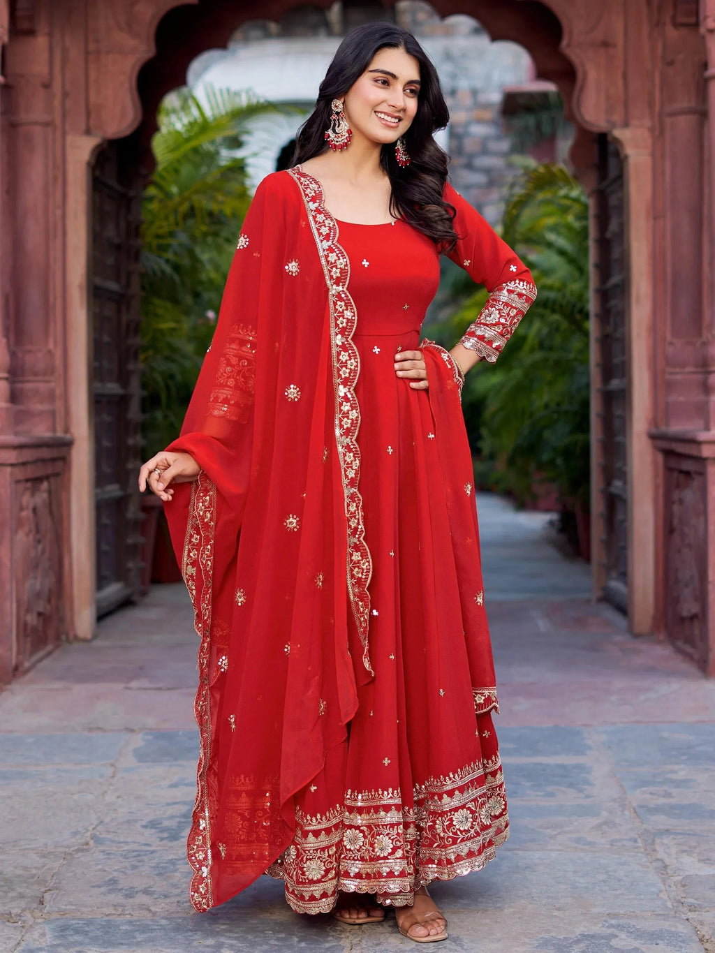 Lovely Red Georgette Sequins Work Gown With Dupatta
