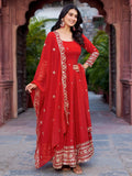 Lovely Red Georgette Sequins Work Gown With Dupatta