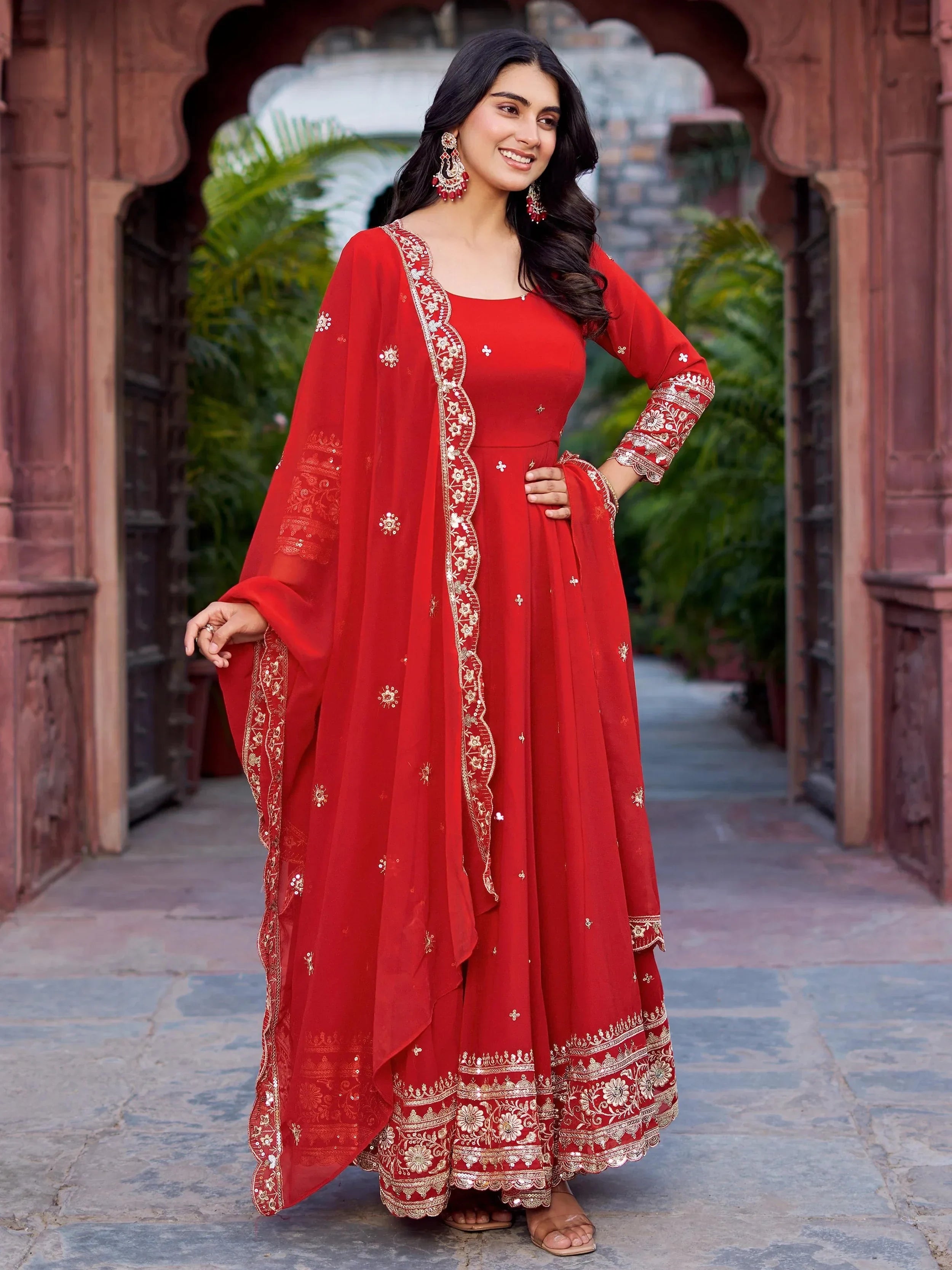 Lovely Red Georgette Sequins Work Gown With Dupatta