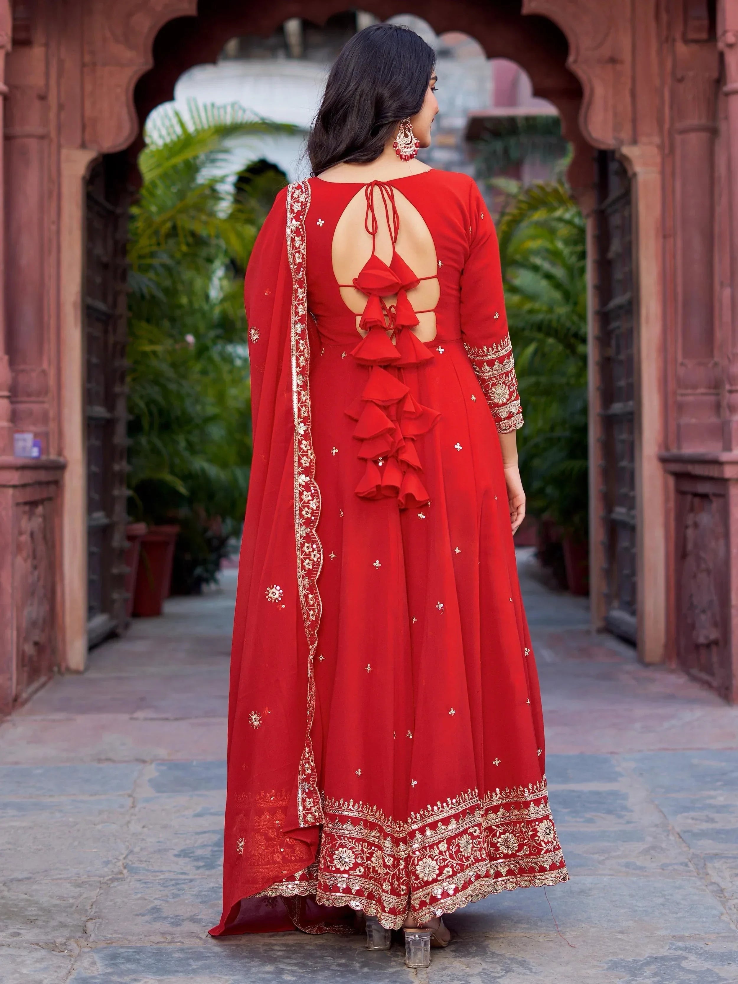 Lovely Red Georgette Sequins Work Gown With Dupatta
