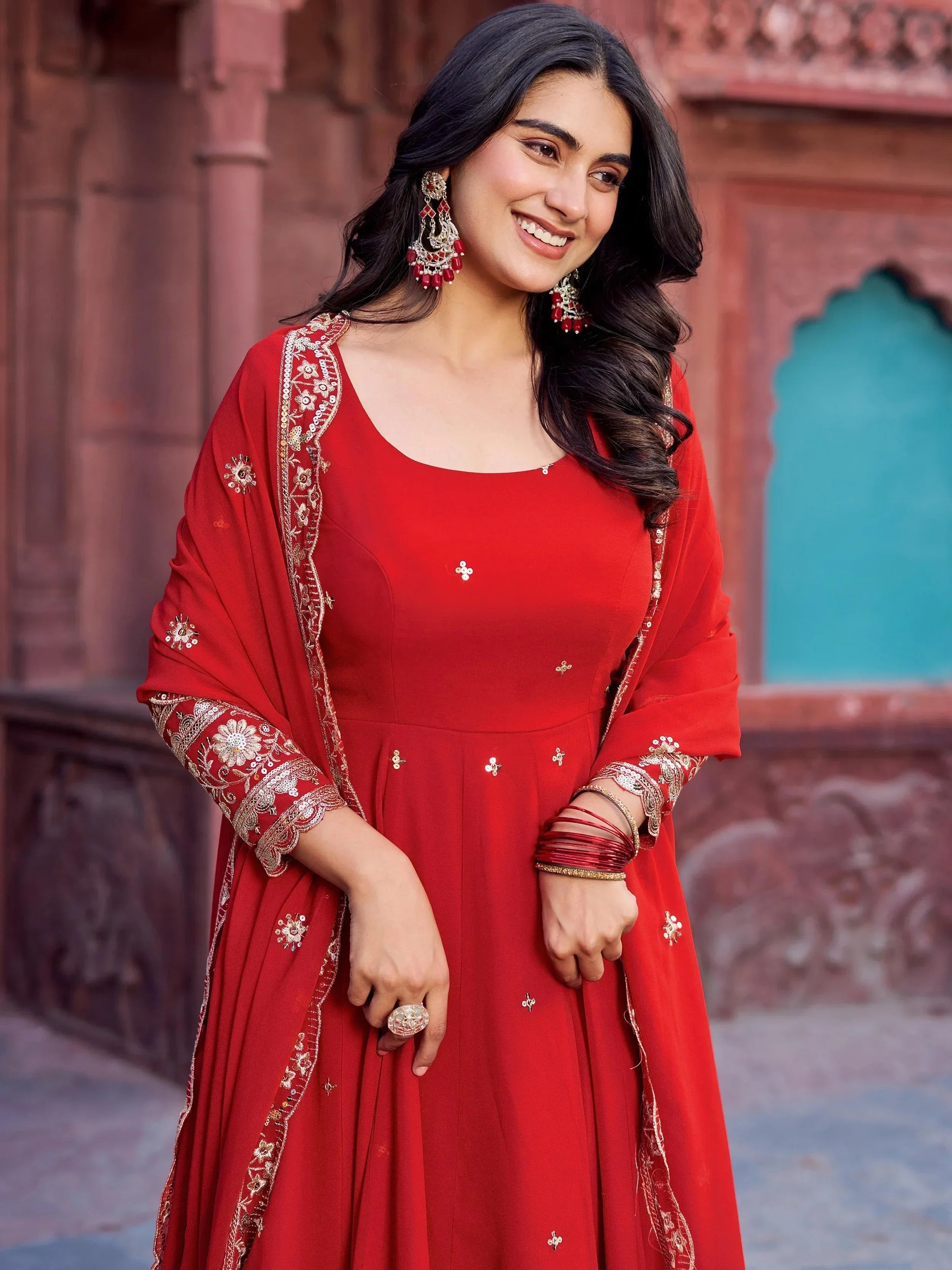 Lovely Red Georgette Sequins Work Gown With Dupatta