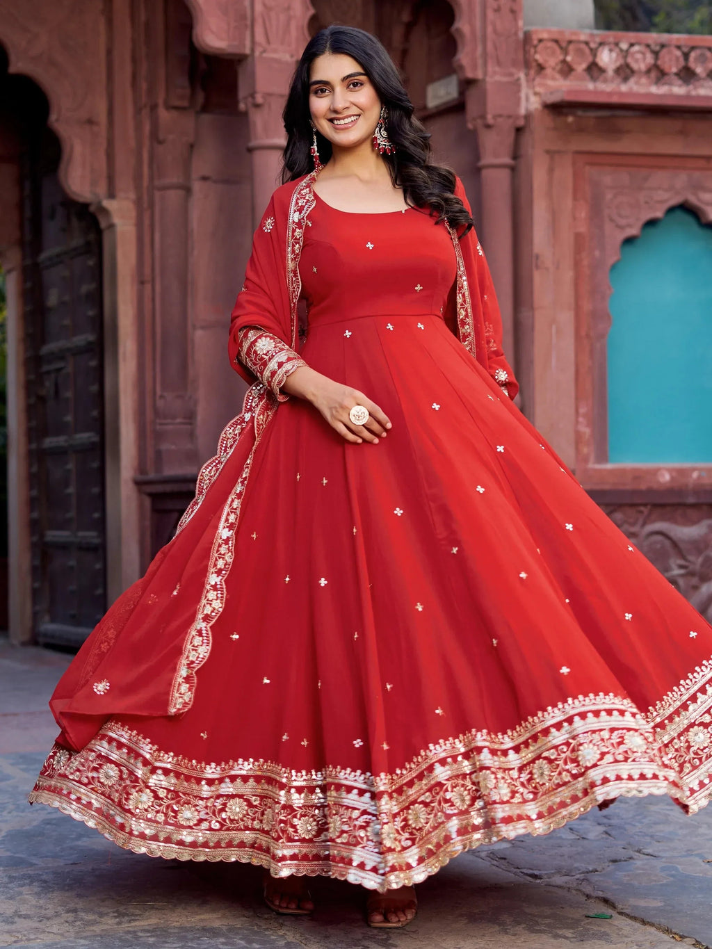 Lovely Red Georgette Sequins Work Gown With Dupatta