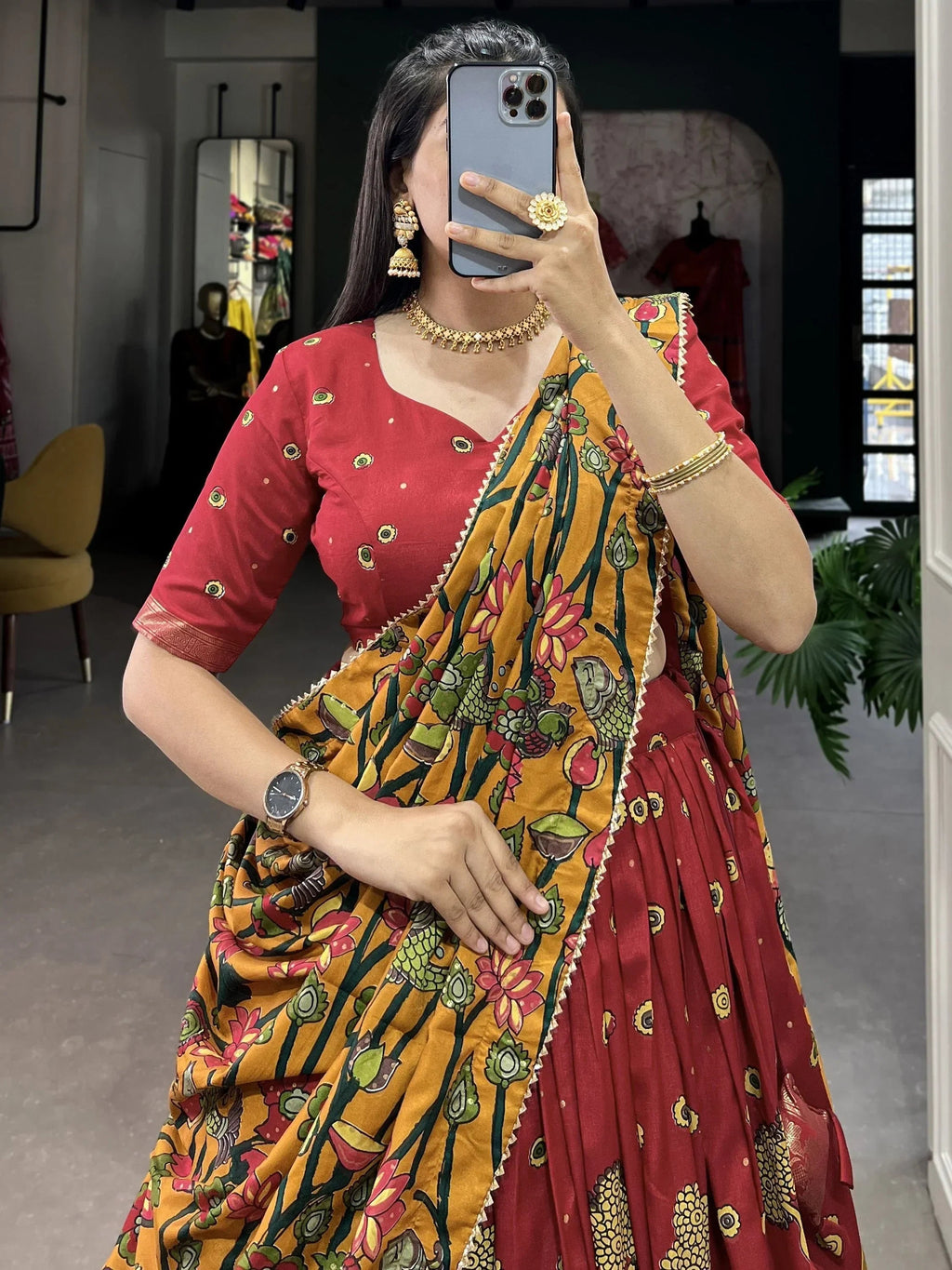 Red Fetching Kalamkari Print Tussar Silk Festival Wear Lehenga Choli
