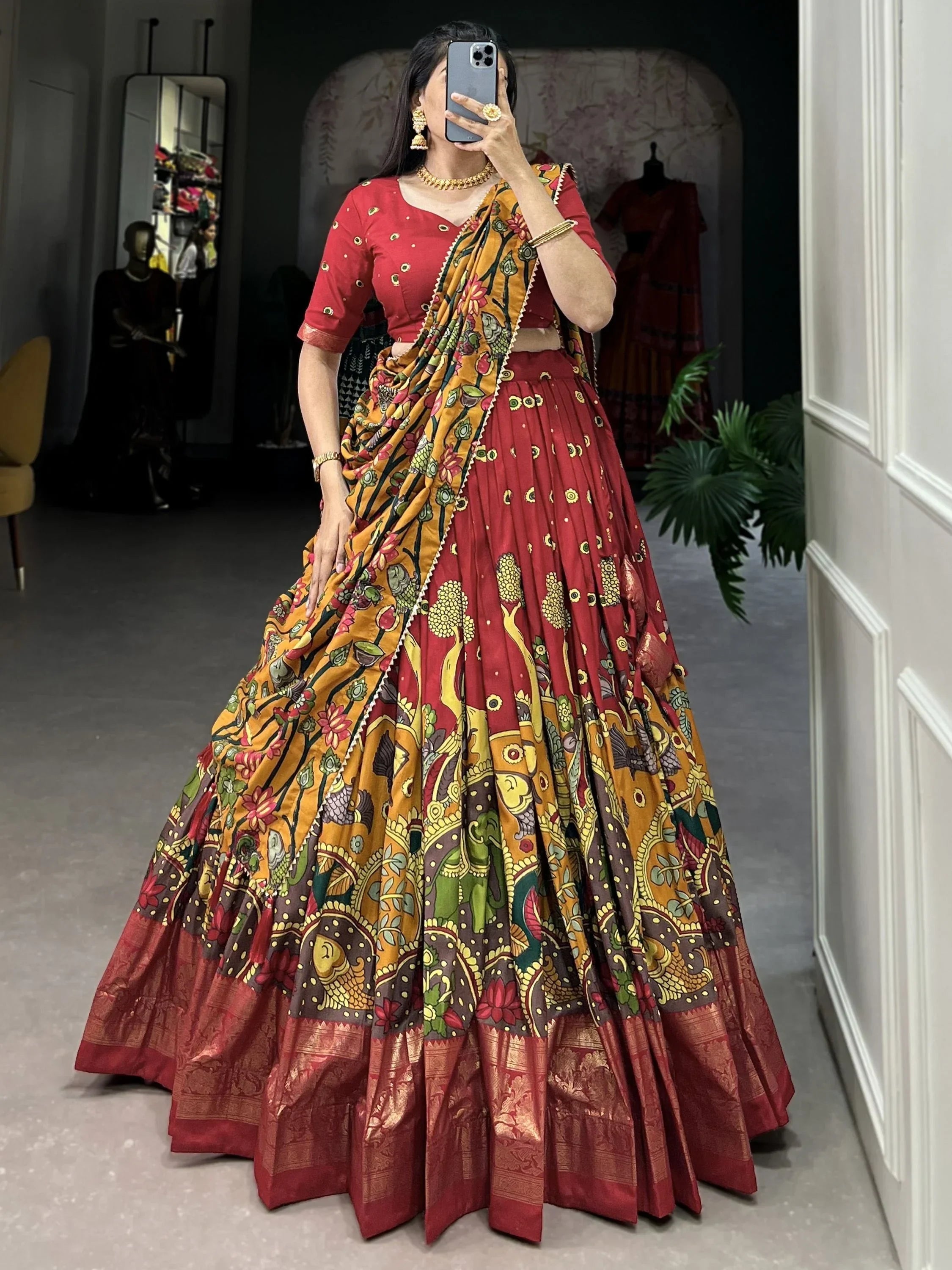 Red Fetching Kalamkari Print Tussar Silk Festival Wear Lehenga Choli