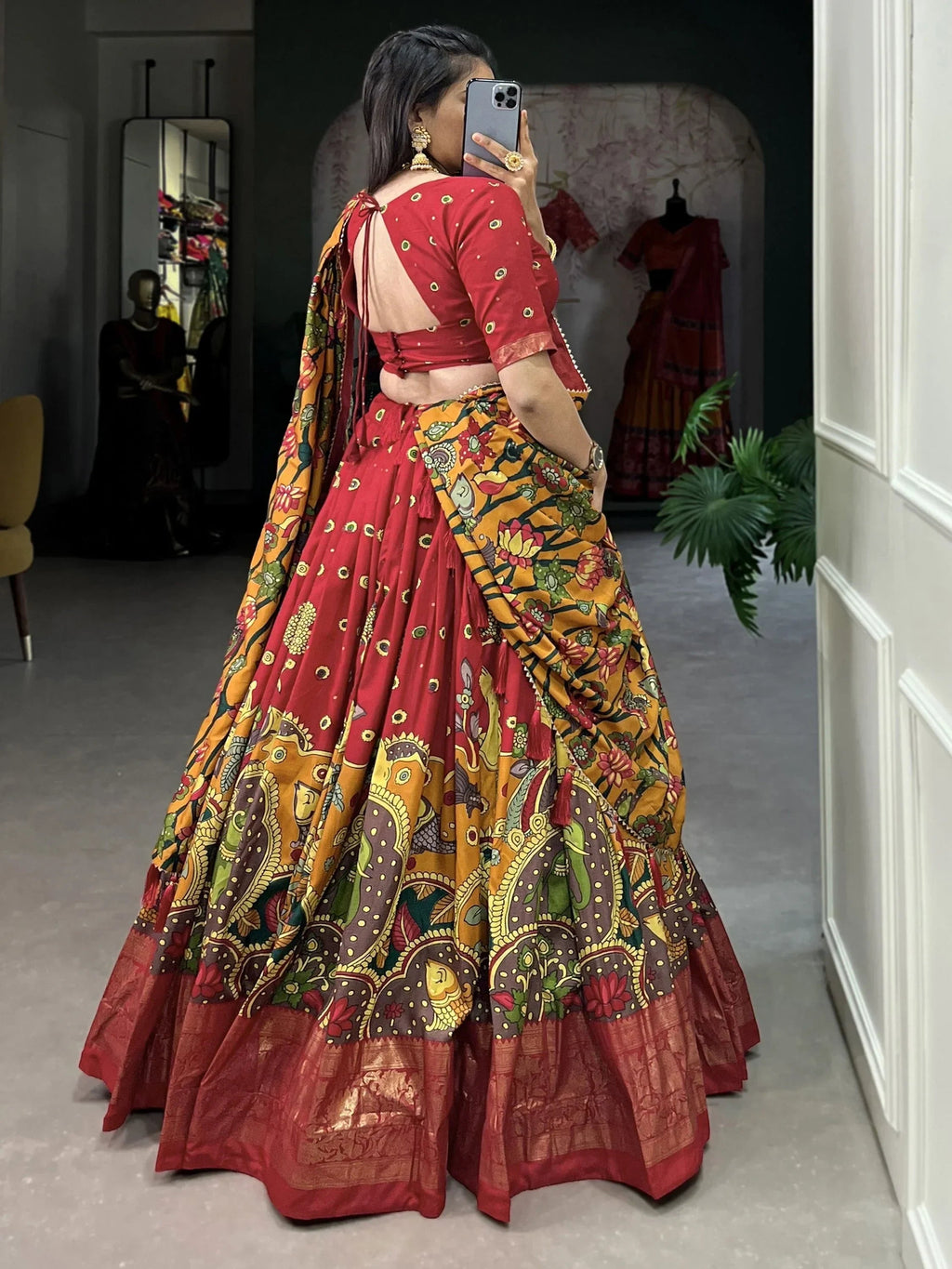 Red Fetching Kalamkari Print Tussar Silk Festival Wear Lehenga Choli