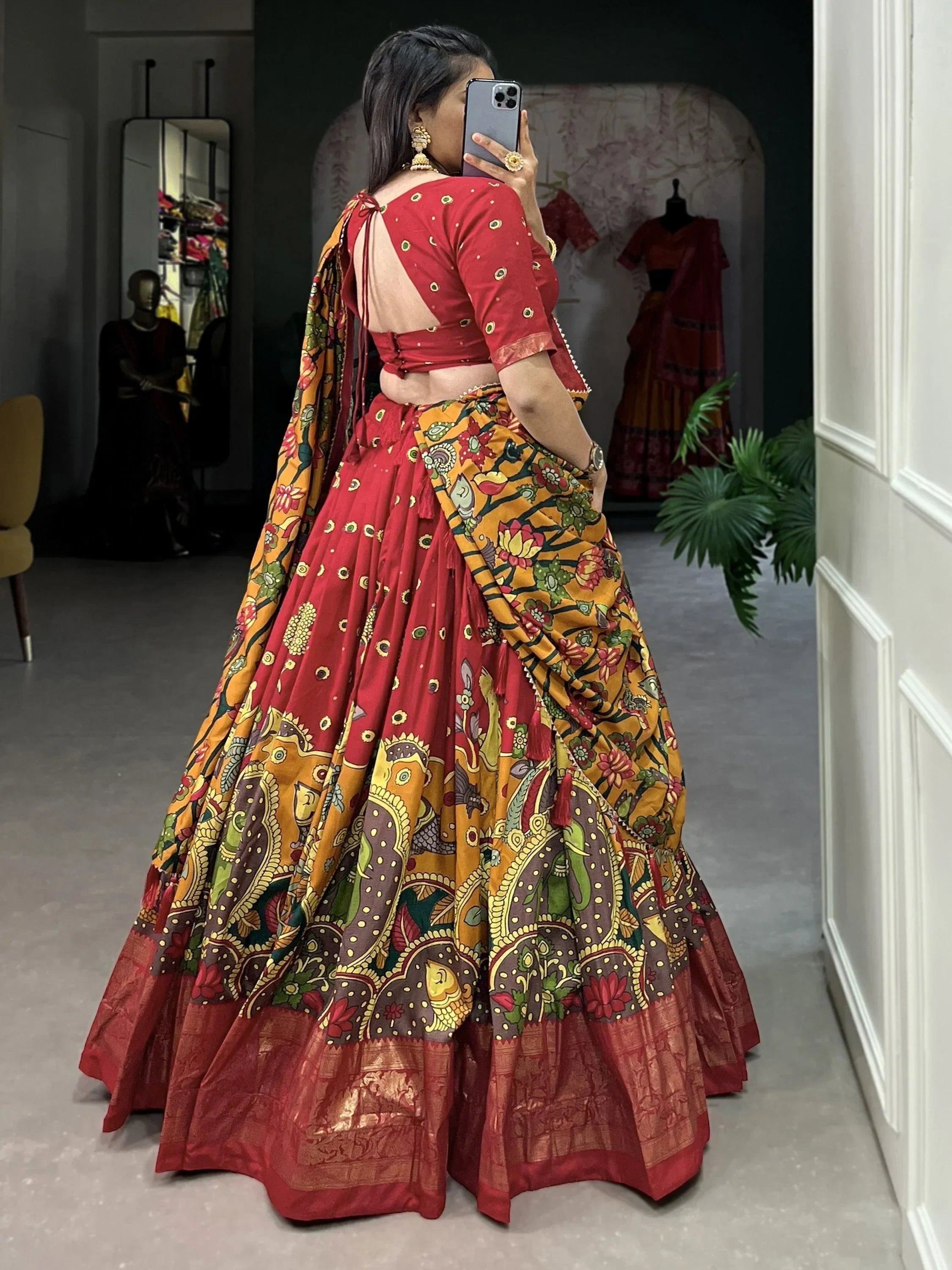 Red Fetching Kalamkari Print Tussar Silk Festival Wear Lehenga Choli